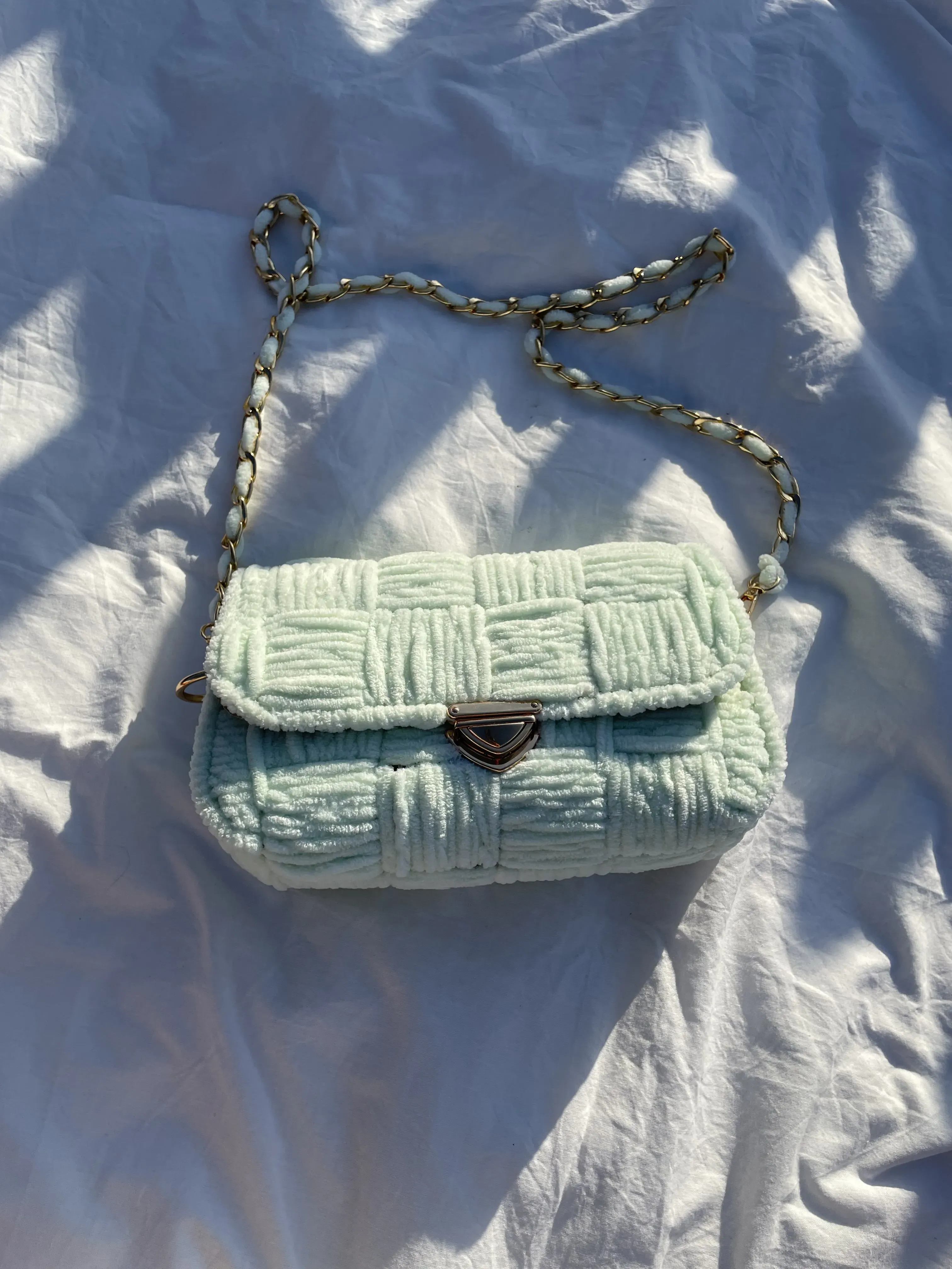 Mint Green Plush Knitted Shoulder Bag - Handmade with Chain Strap
