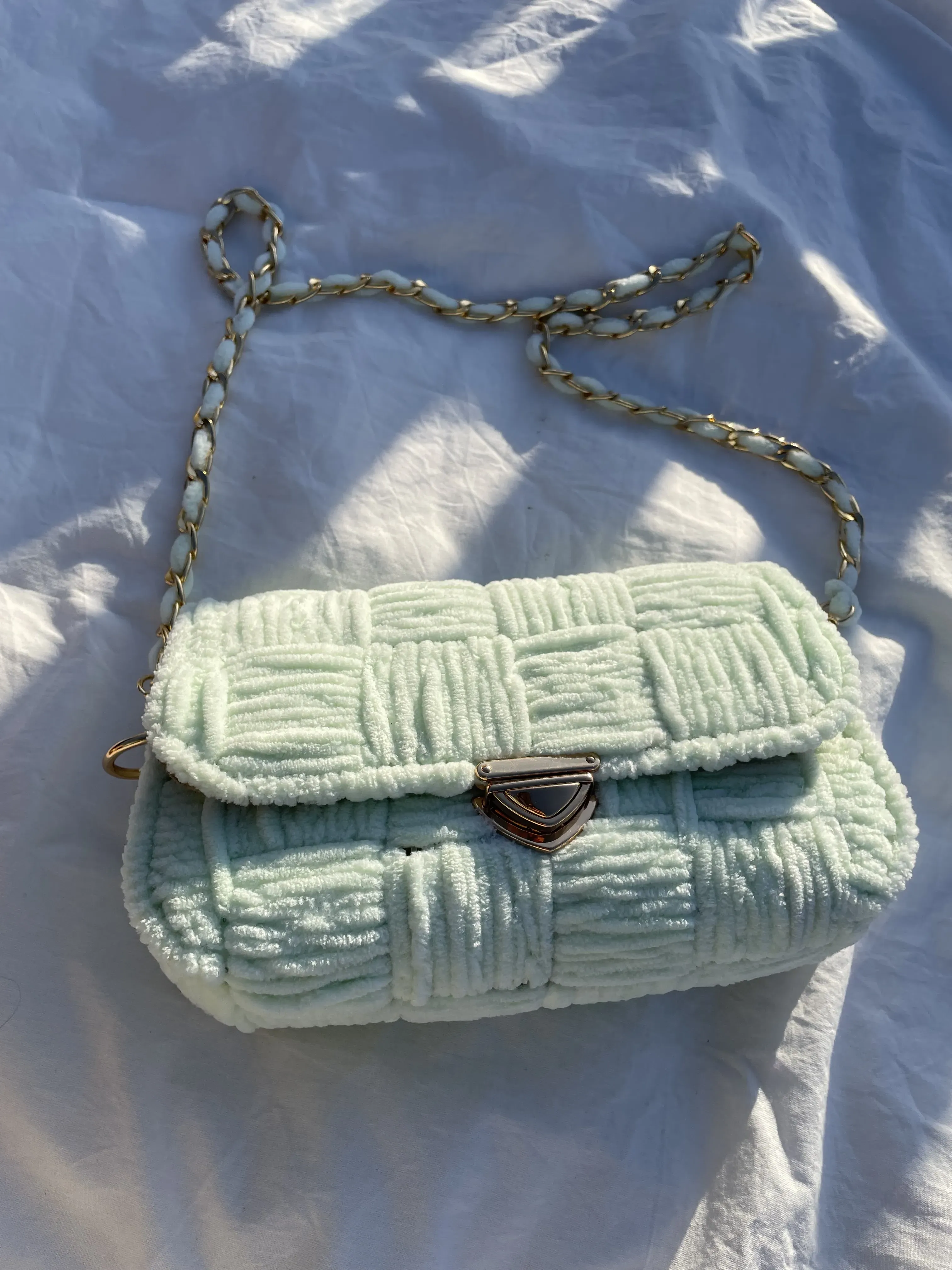 Mint Green Plush Knitted Shoulder Bag - Handmade with Chain Strap