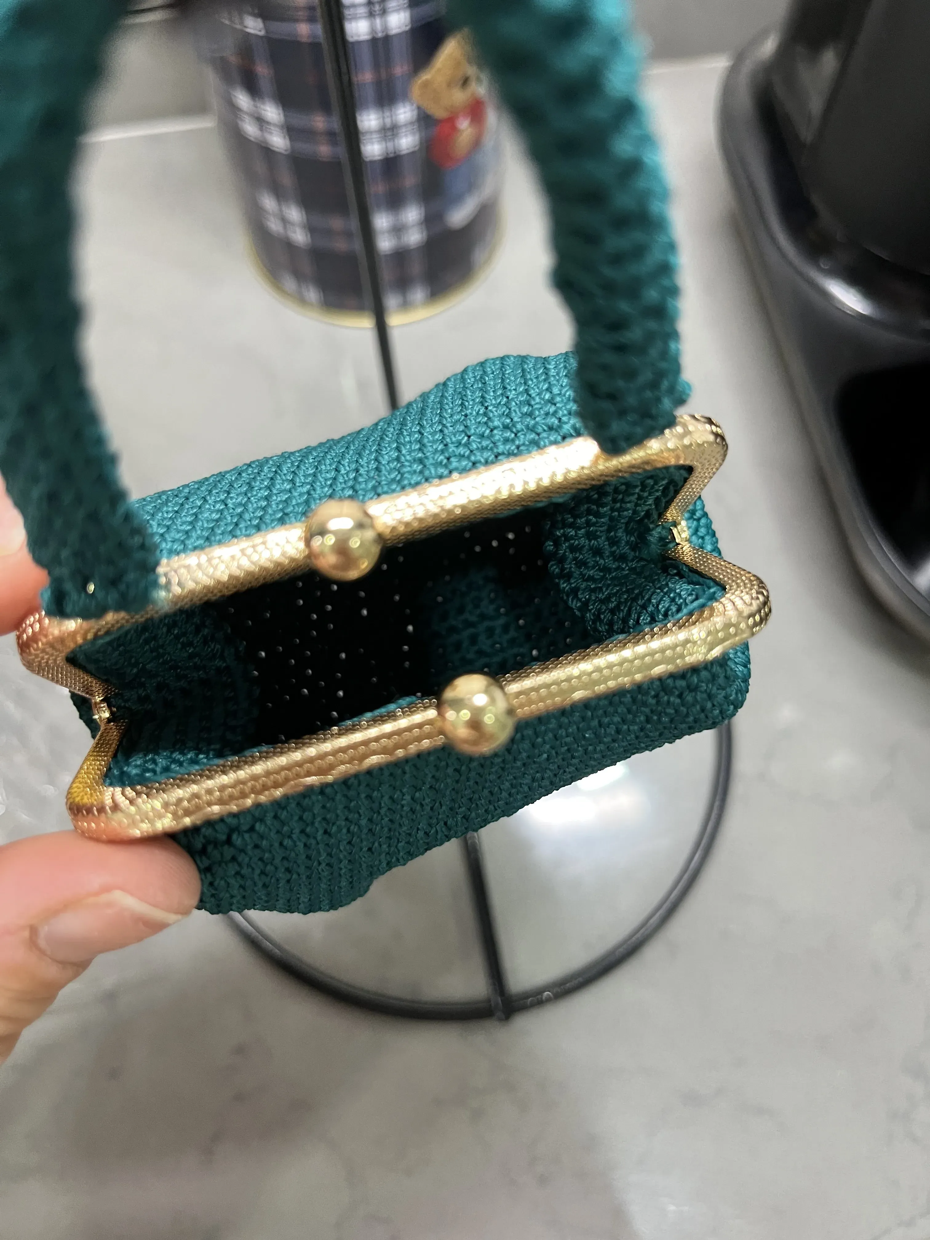 Turkuaz Renkli Örgü Mini Cüzdan - Nakış Detaylı Metal Aksesuarlı