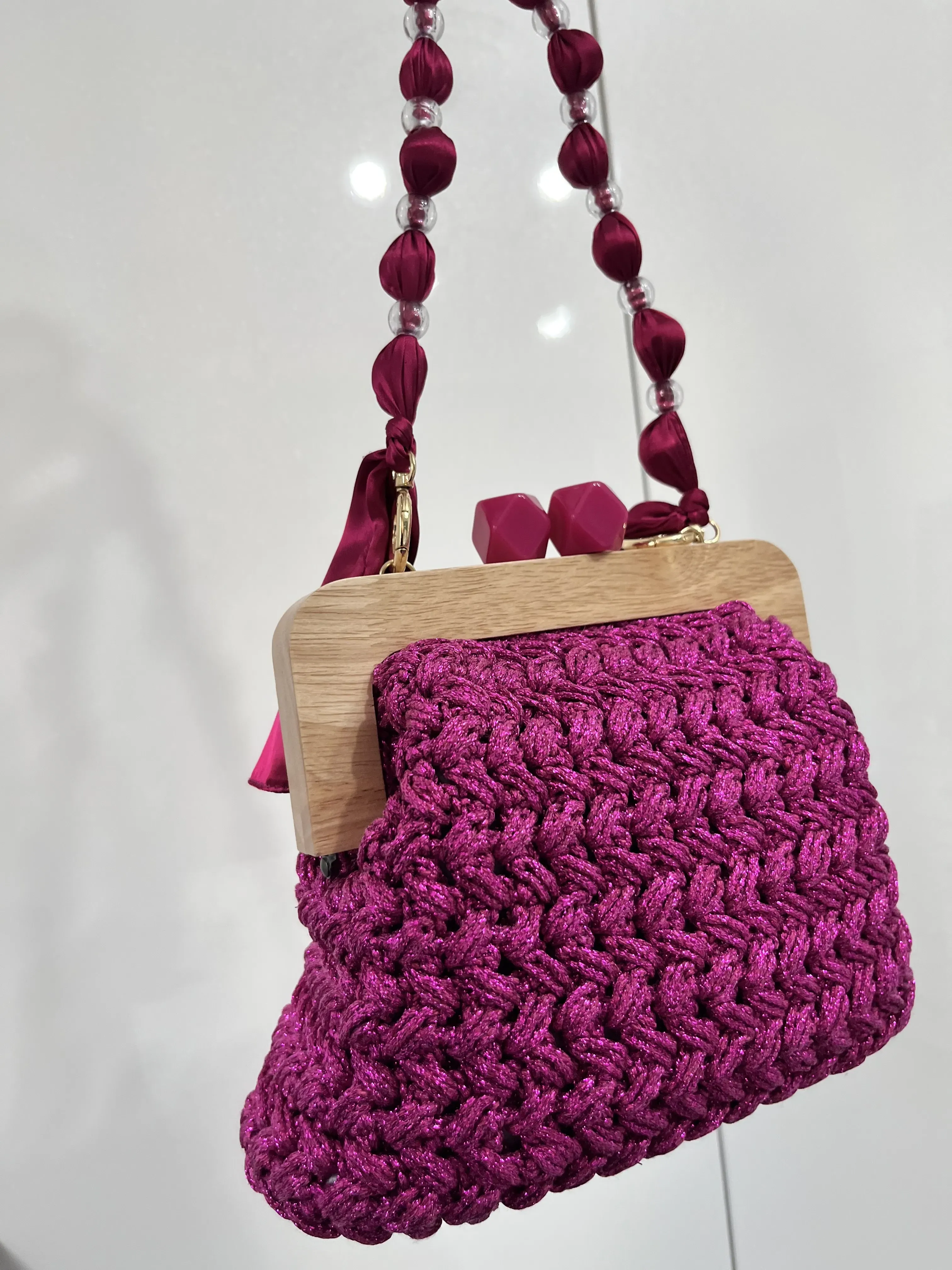 Fuchsia Glitter Knit Evening Bag - Wooden Clasp and Bead Detailed