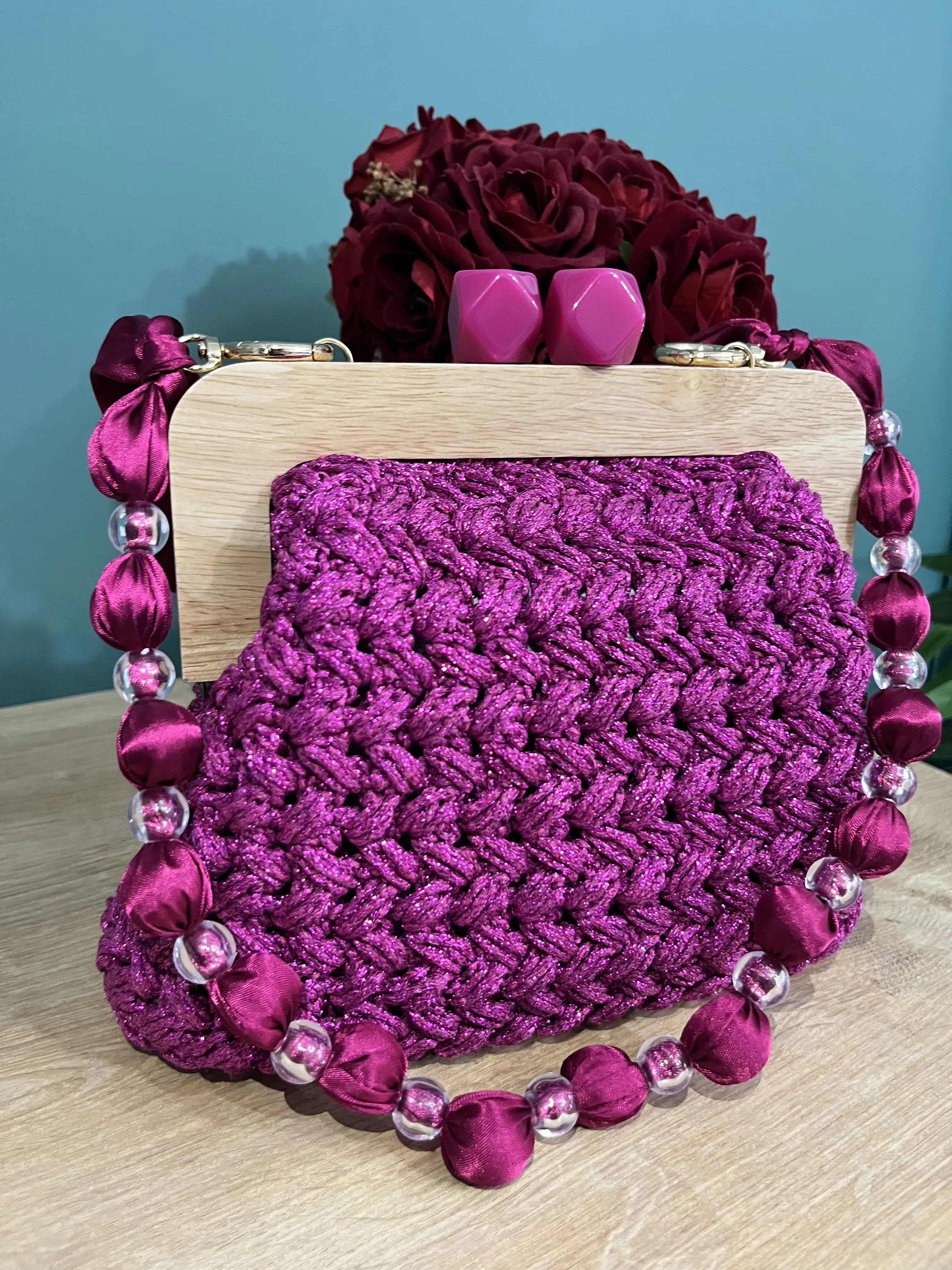 Fuchsia Glitter Knit Evening Bag - Wooden Clasp and Bead Detailed