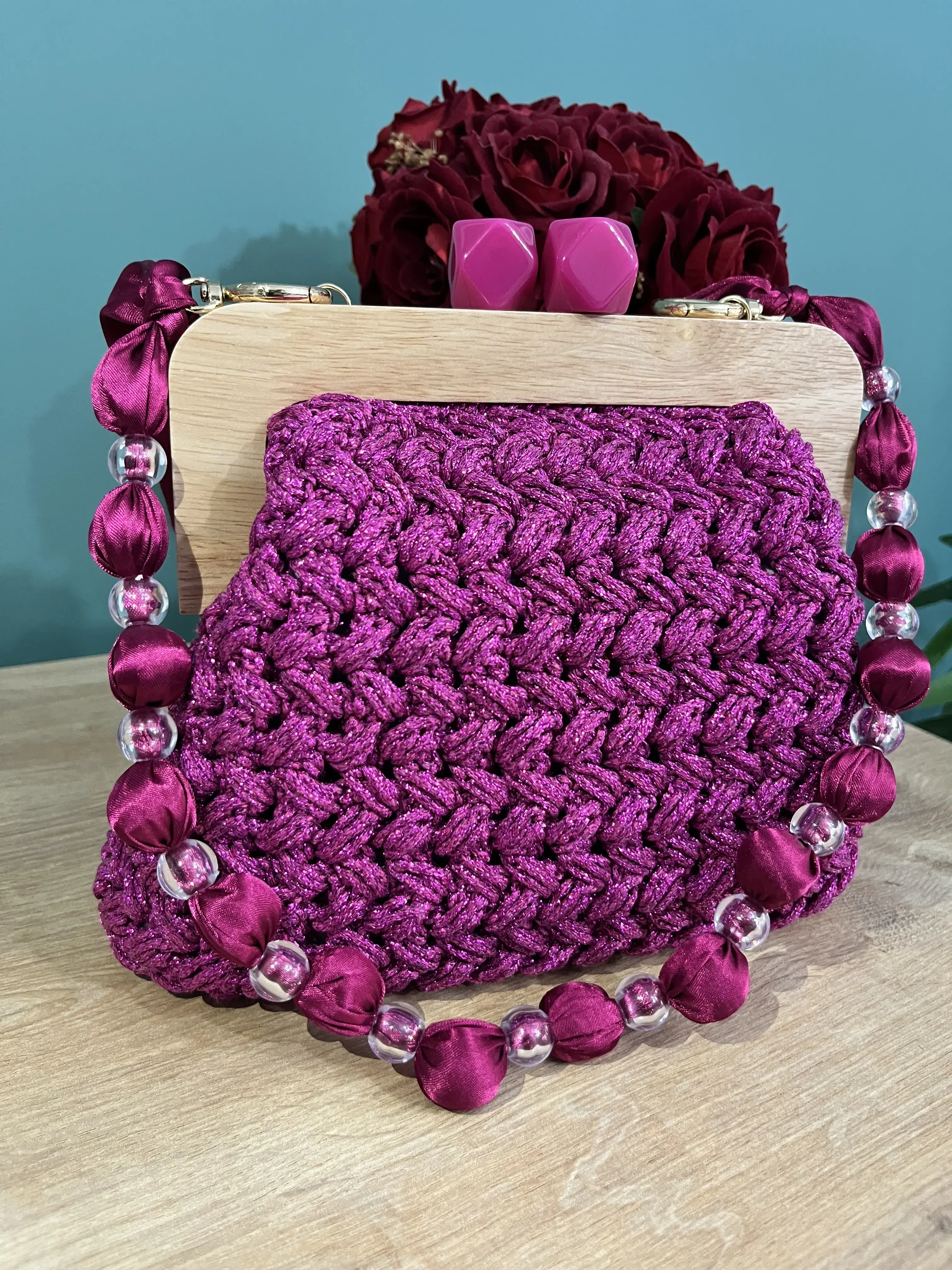 Fuchsia Glitter Knit Evening Bag - Wooden Clasp and Bead Detailed