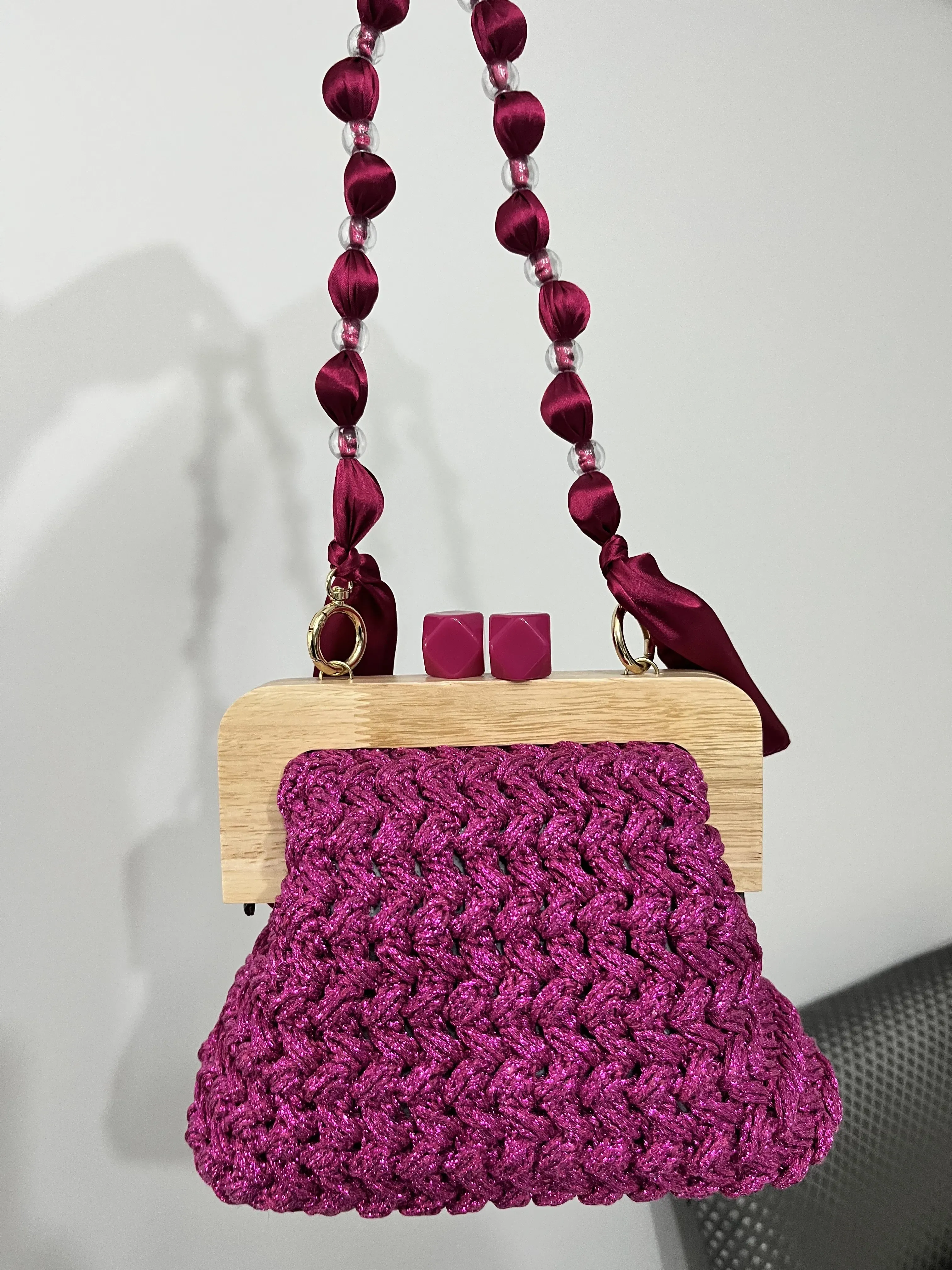 Fuchsia Glitter Knit Evening Bag - Wooden Clasp and Bead Detailed