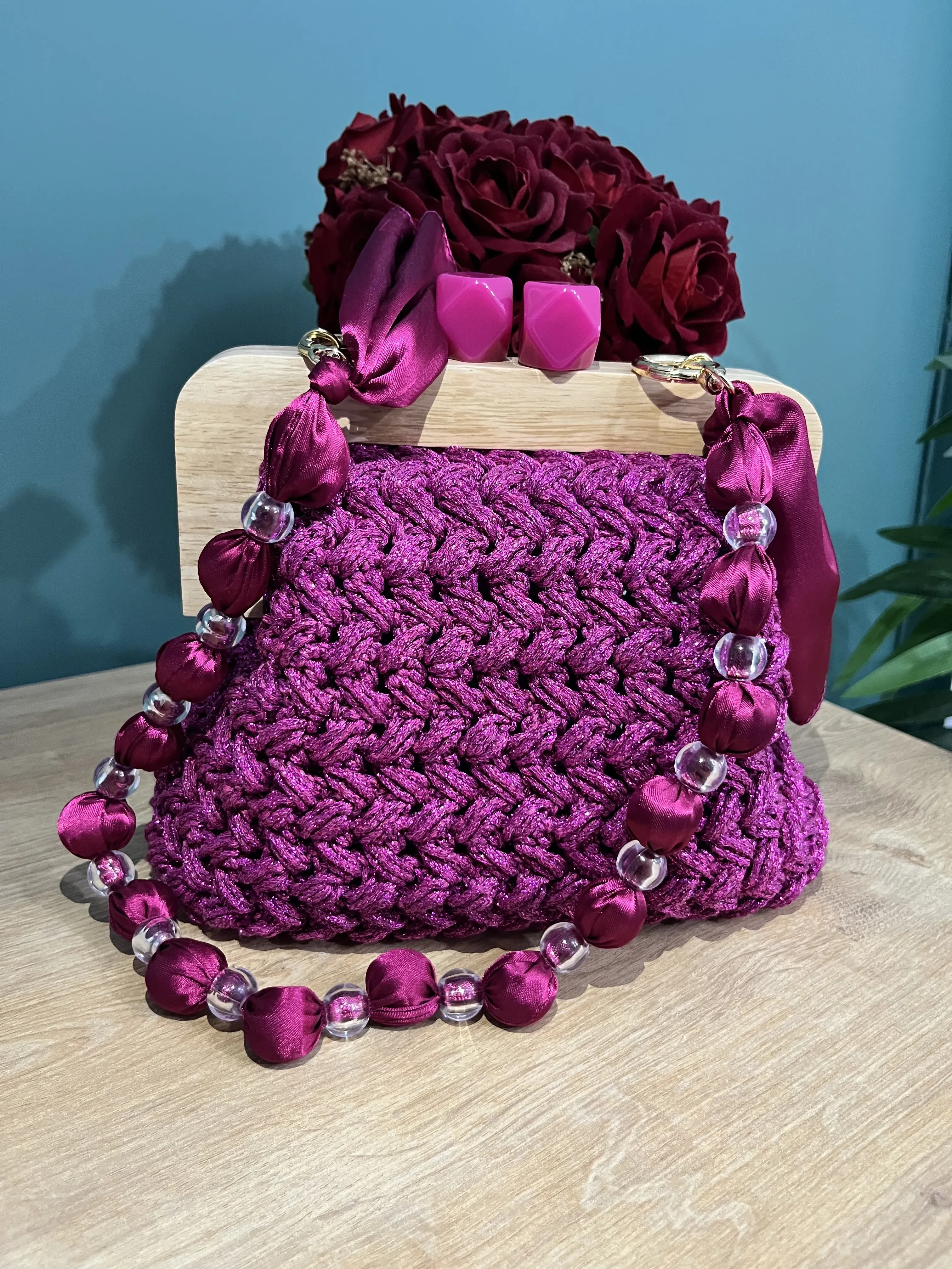 Fuchsia Glitter Knit Evening Bag - Wooden Clasp and Bead Detailed