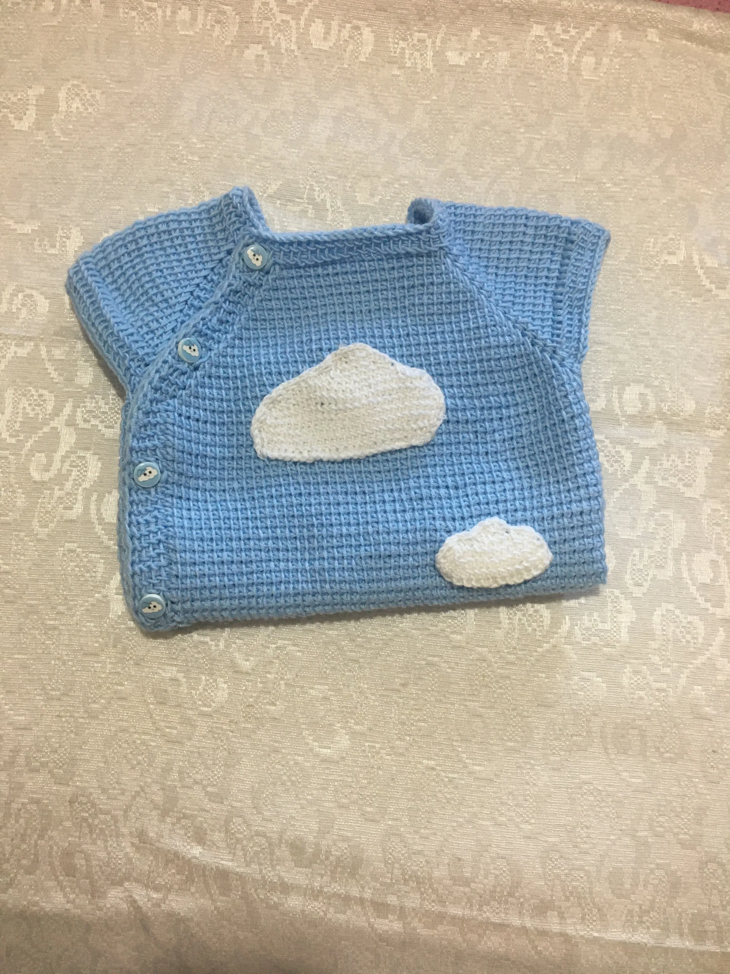 Blue Knitted Baby Vest - Cloud Patterned, Buttoned, Handmade
