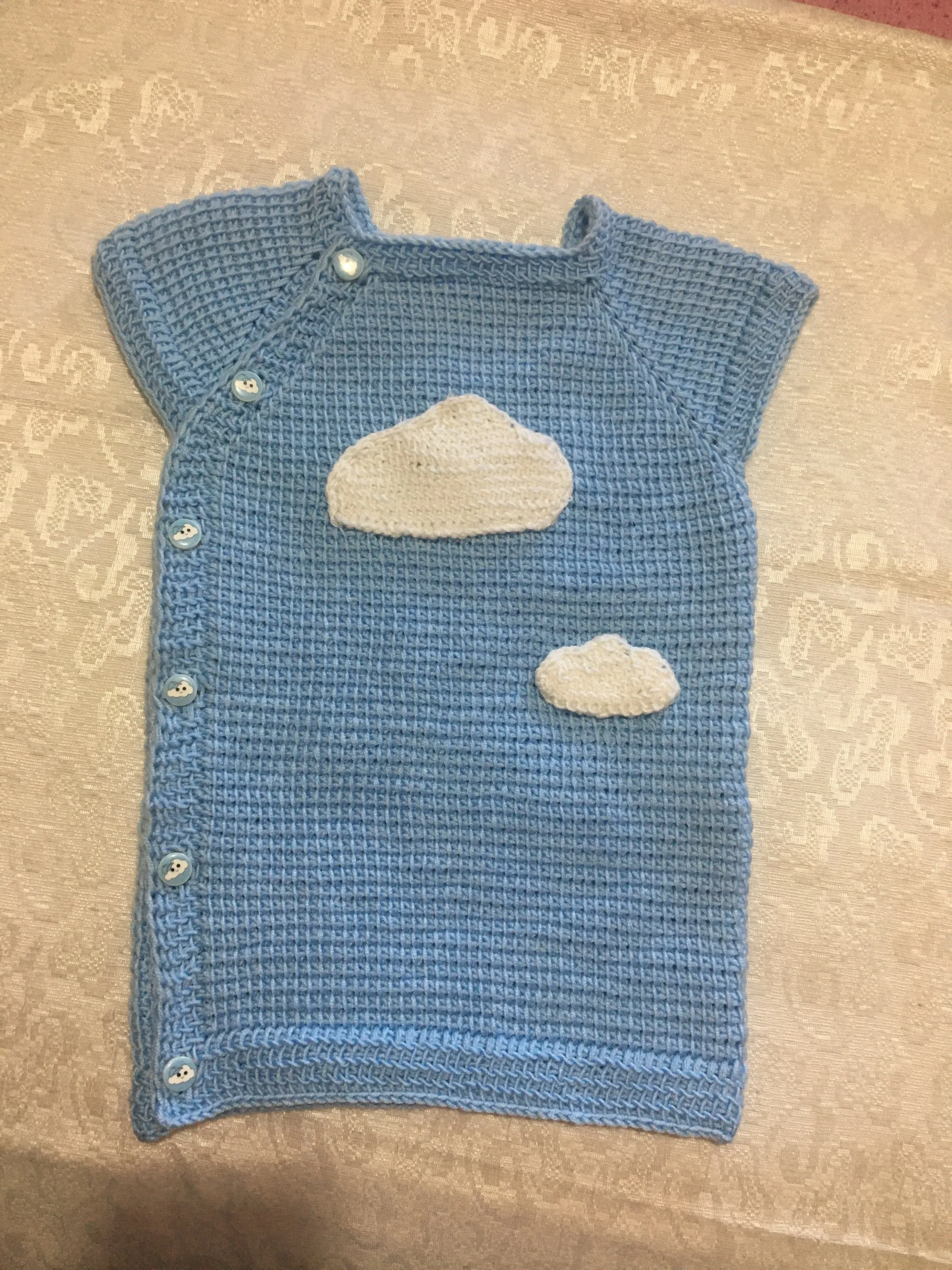 Blue Knitted Baby Vest - Cloud Patterned, Buttoned, Handmade