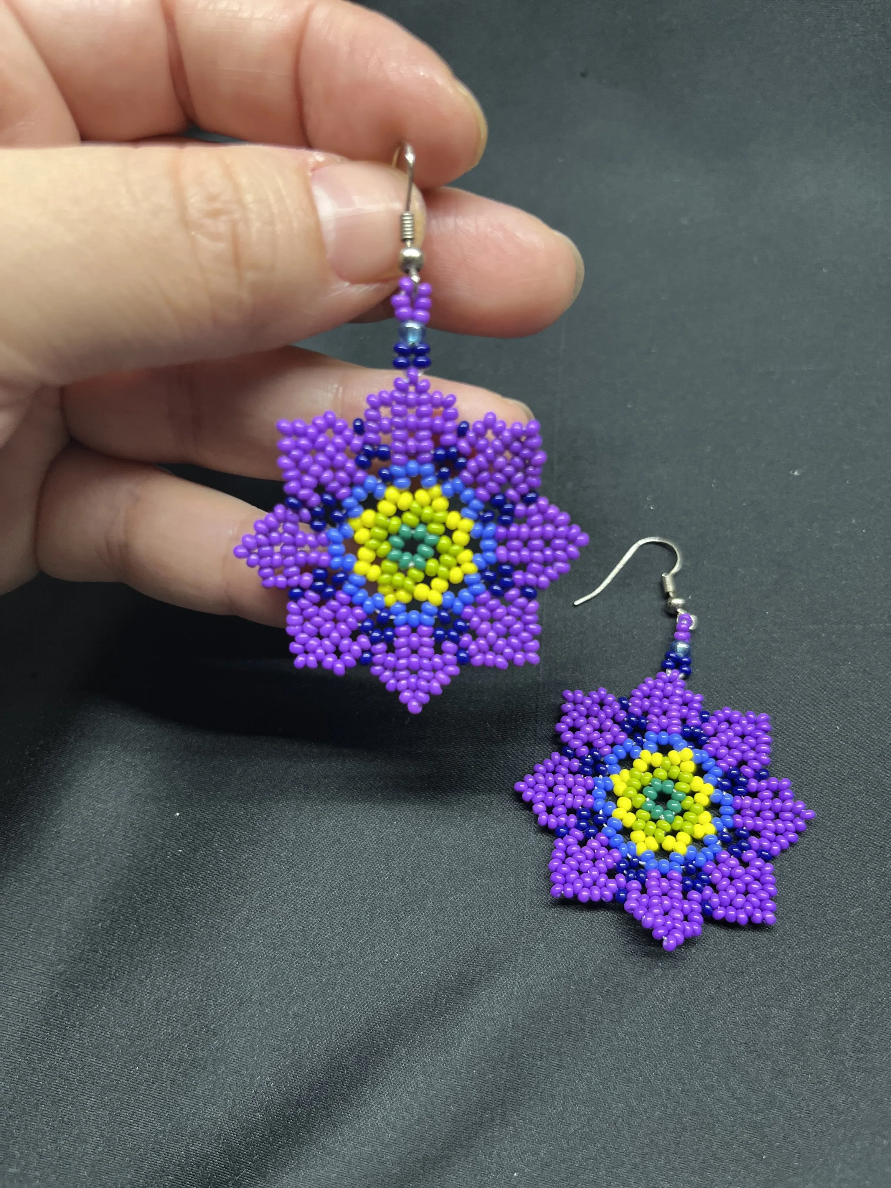 Purple Miyuki Beaded Flower Patterned Earring - Hand Woven Design