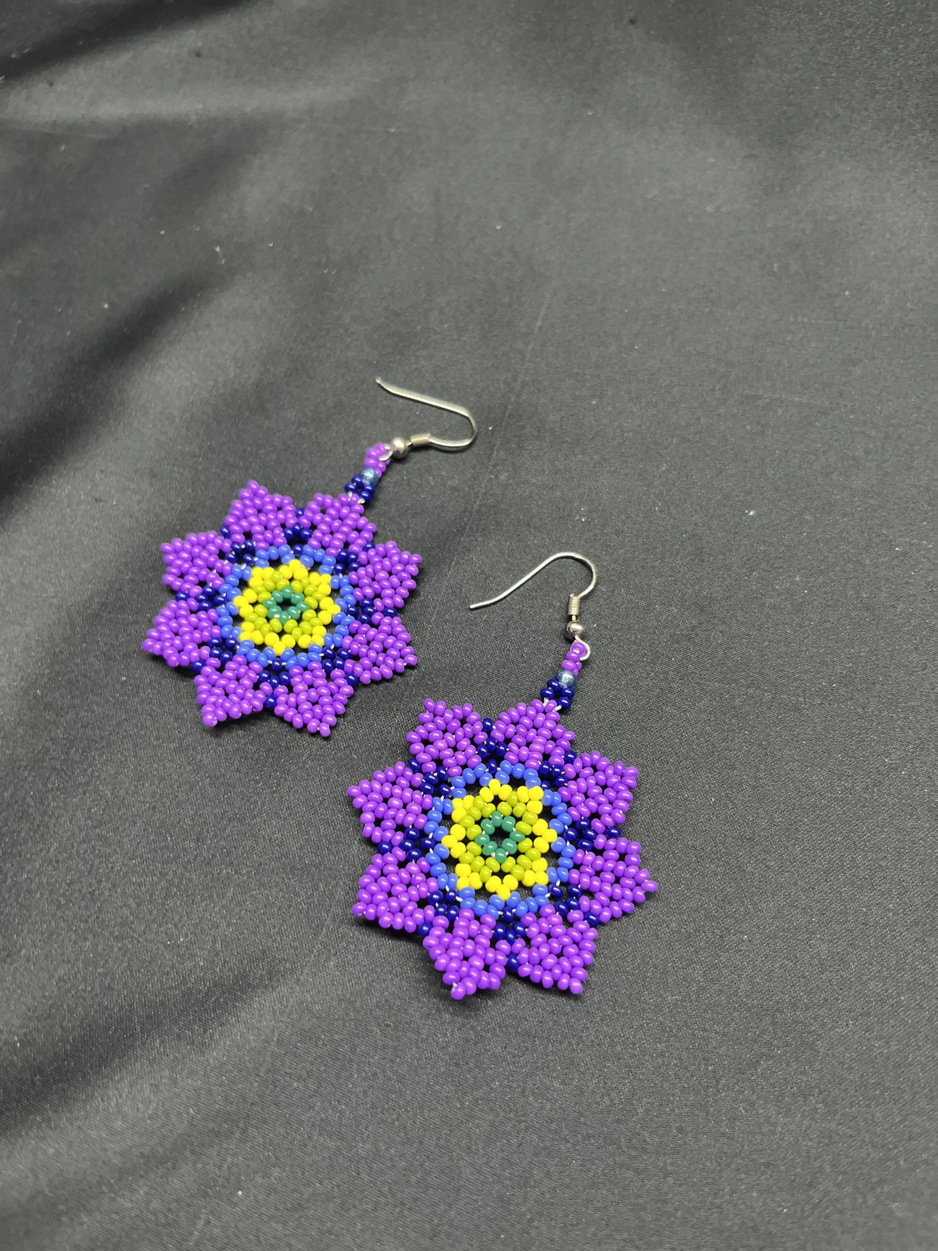 Purple Miyuki Beaded Flower Patterned Earring - Hand Woven Design
