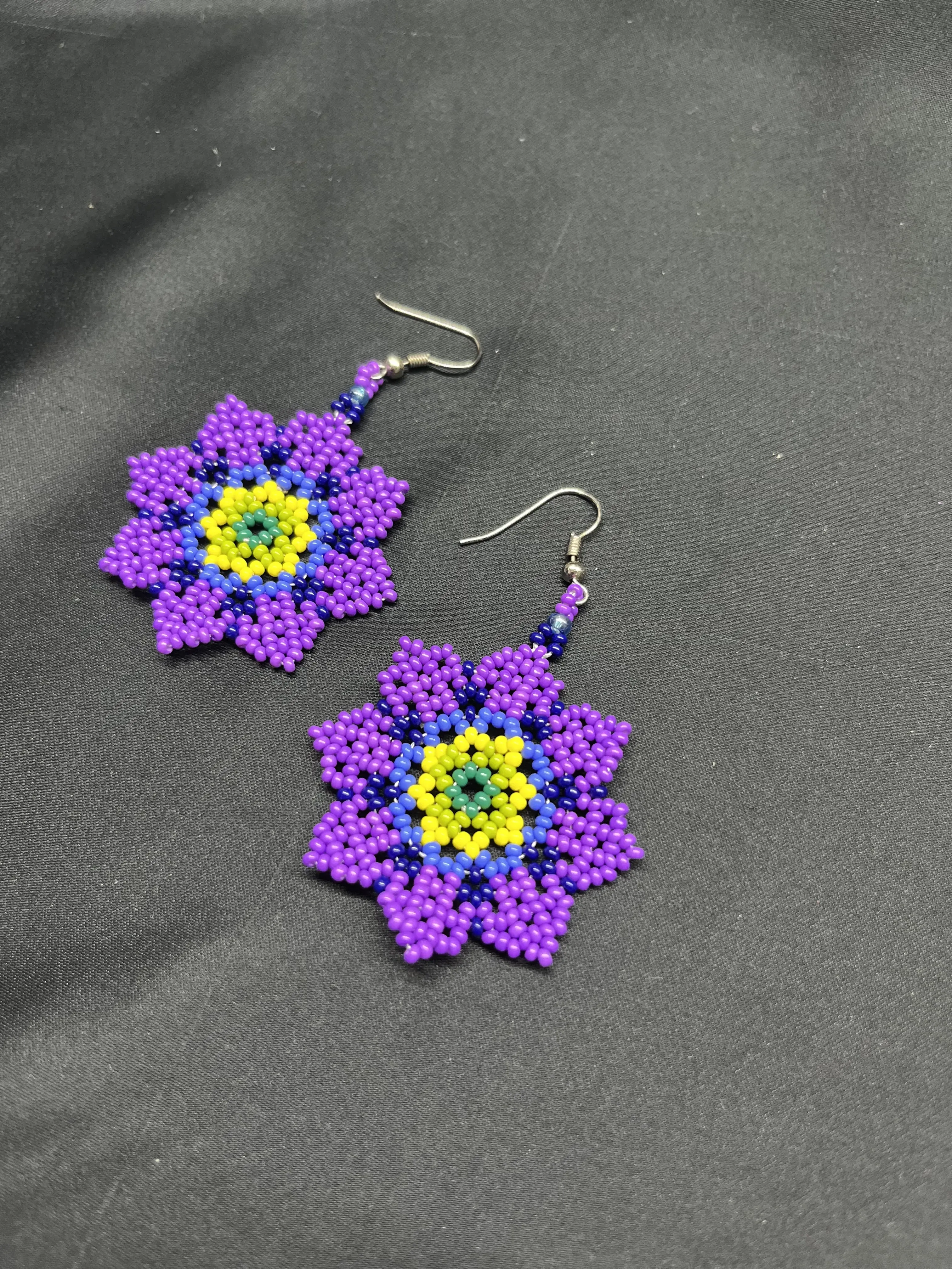 Purple Miyuki Beaded Flower Patterned Earring - Hand Woven Design
