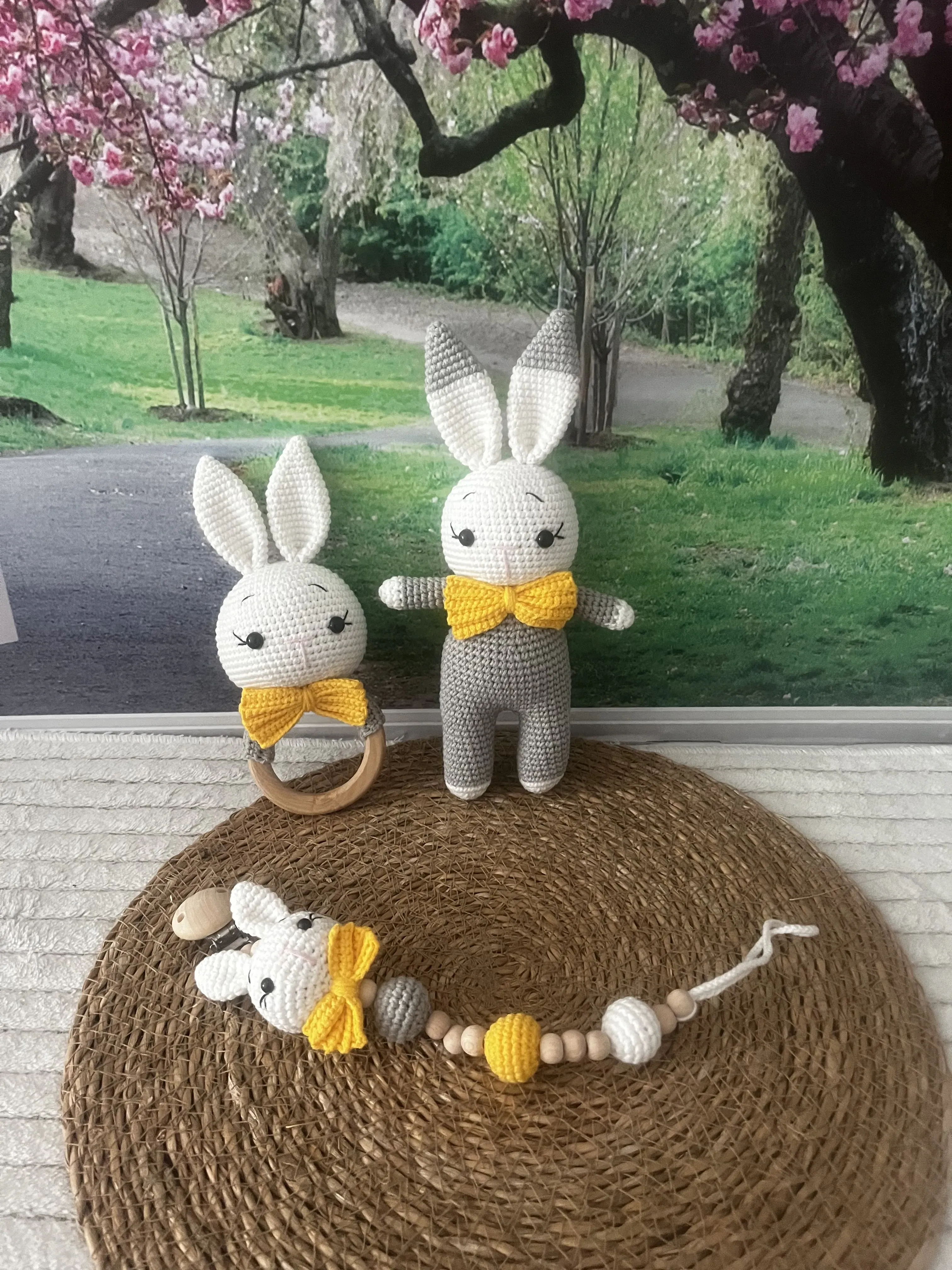 Amigurumi Knitted Rabbit Toy Set - Baby Gift with Yellow Bowtie