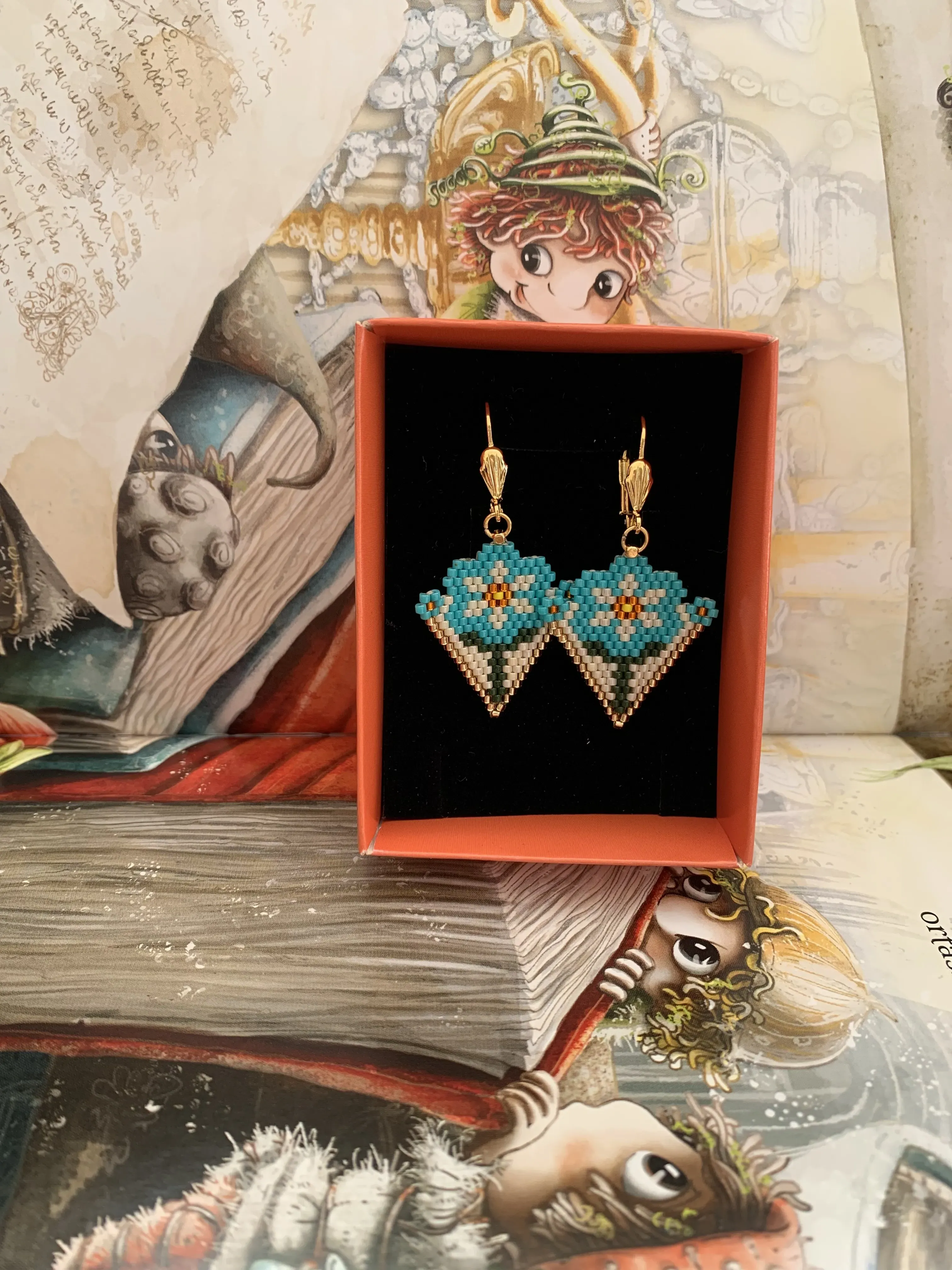 Turquoise Flower Patterned Miyuki Bead Earrings - Handmade Design