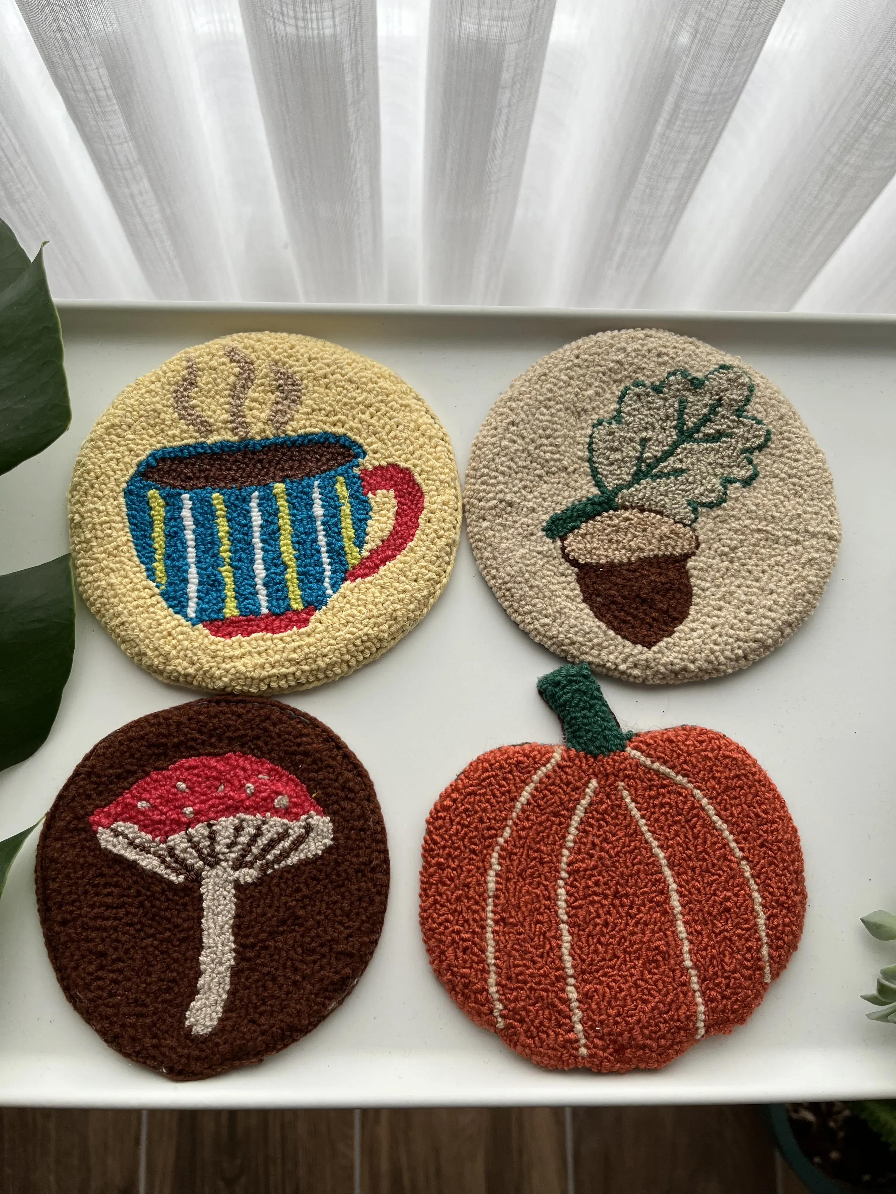 Punch Needle Technique Embroidered Autumn Themed Coaster Set