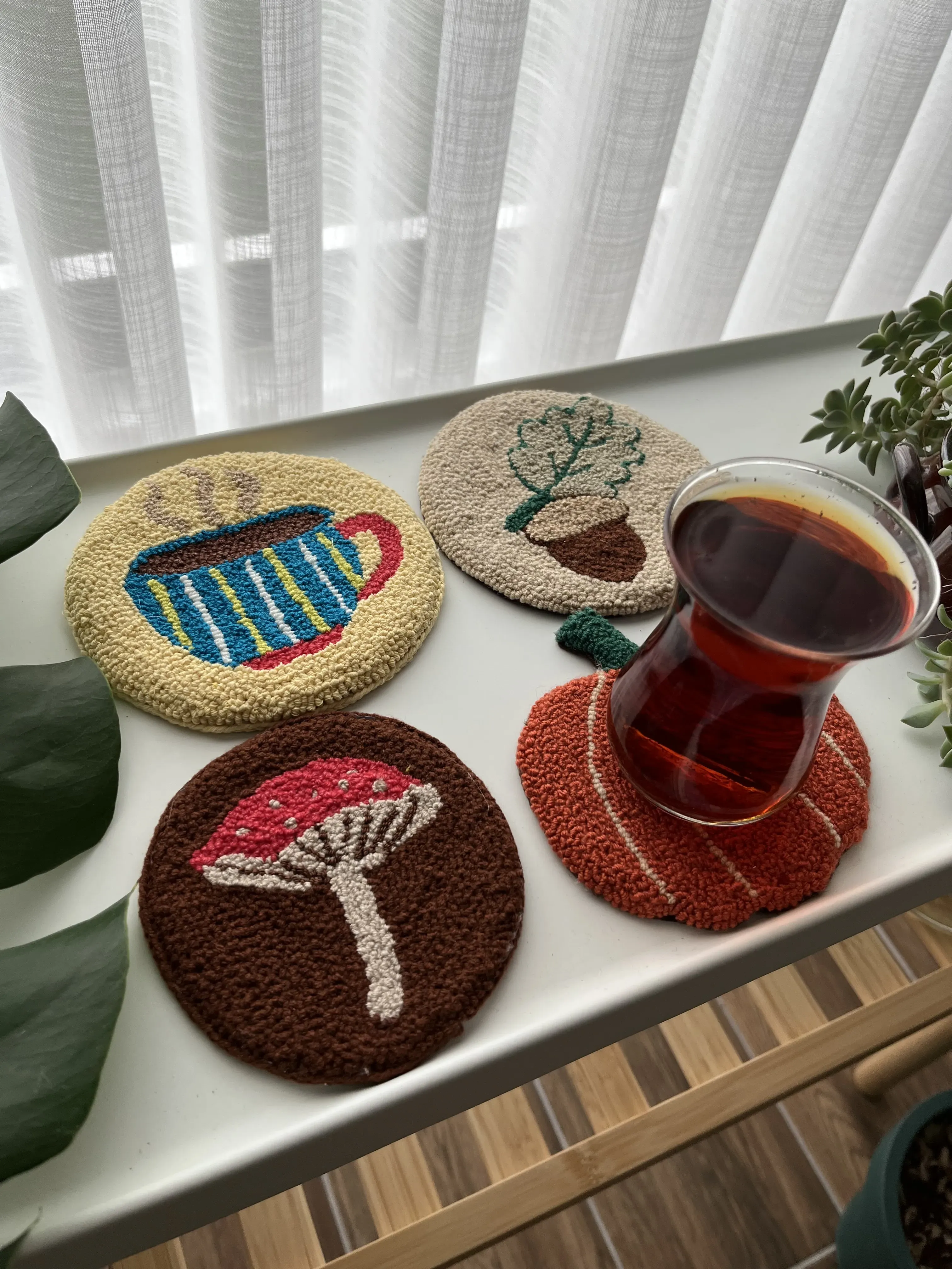 Punch Needle Technique Embroidered Autumn Themed Coaster Set
