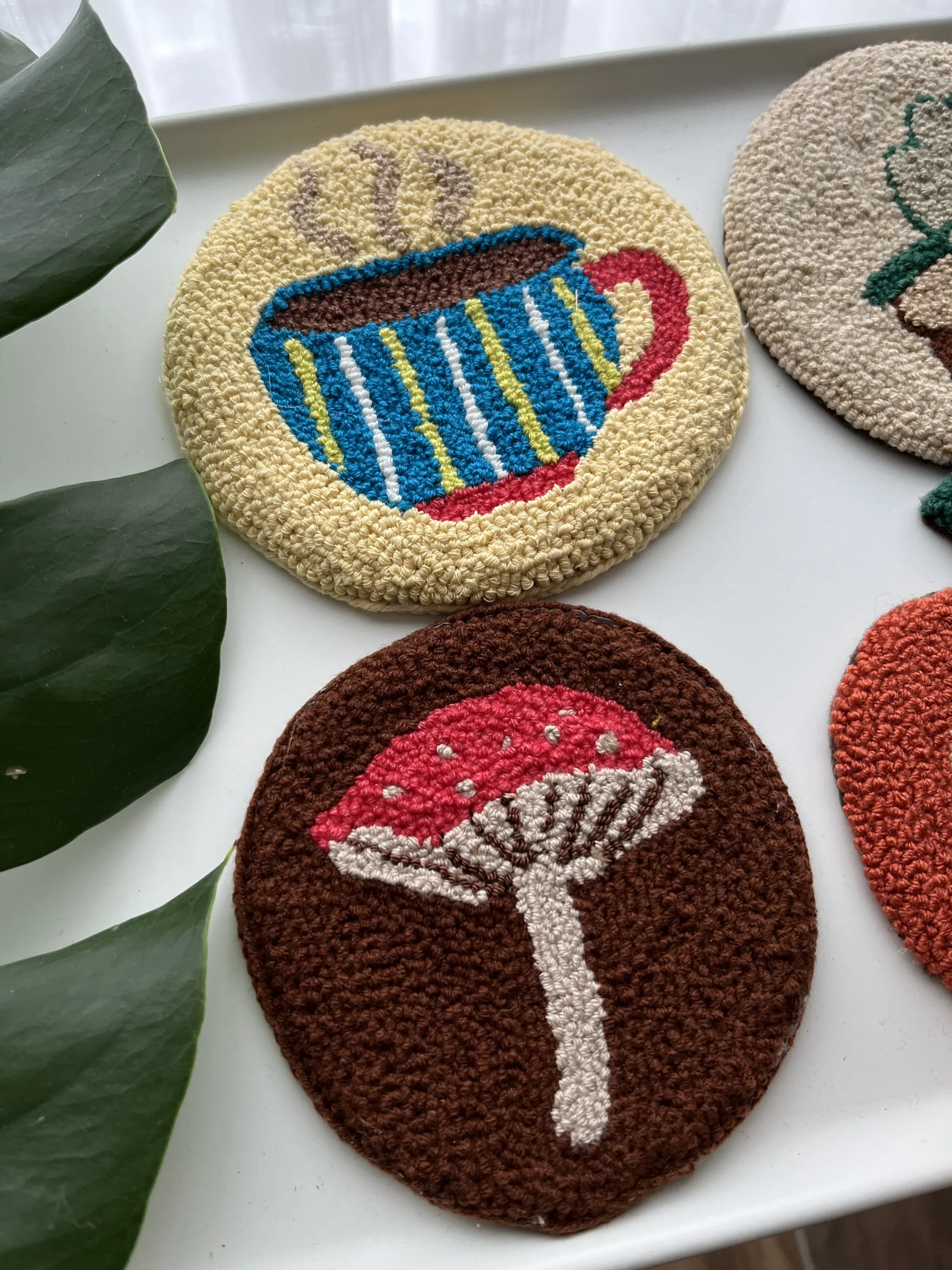Punch Needle Technique Embroidered Autumn Themed Coaster Set
