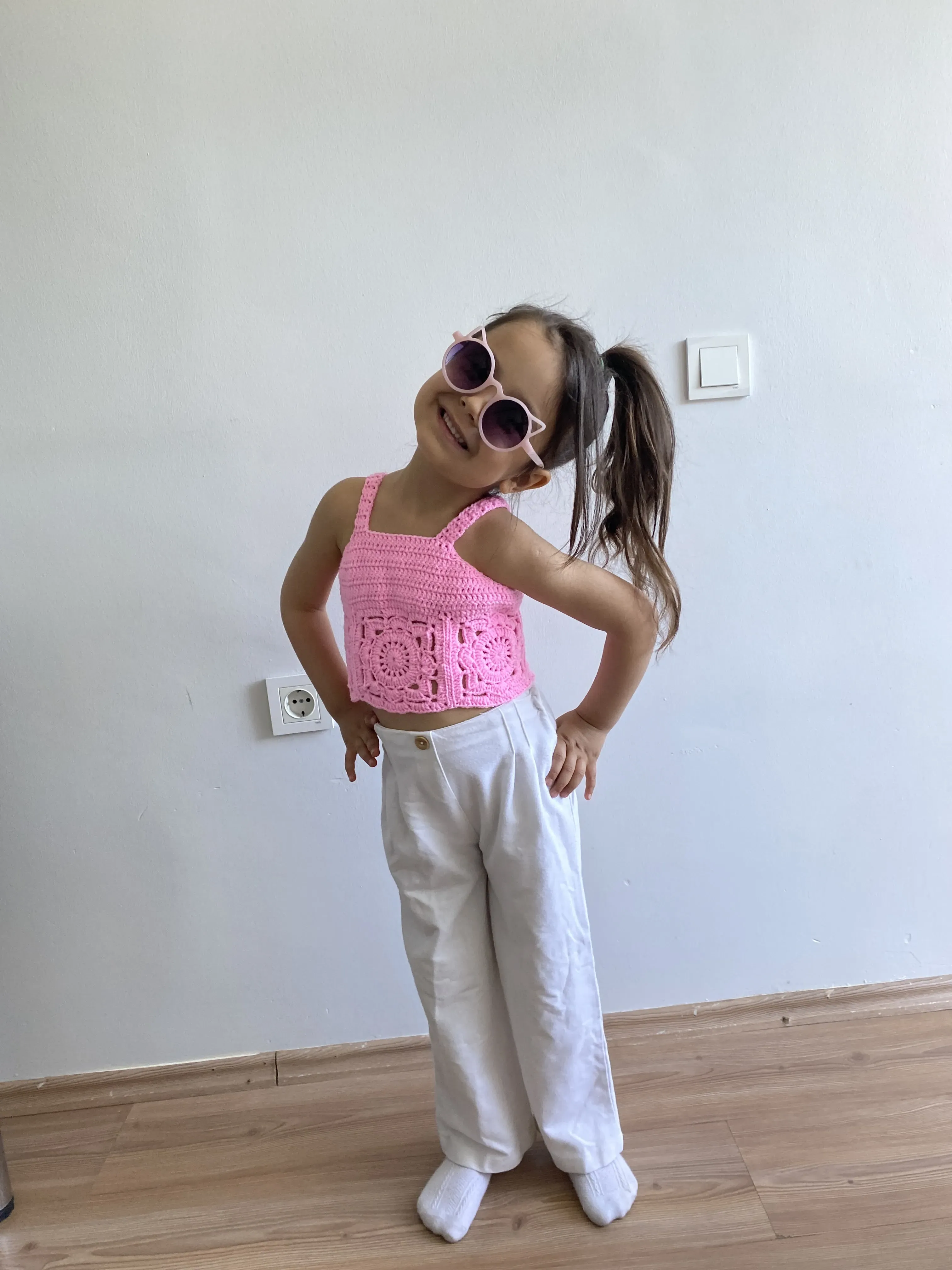 Örgü Crop Top - Pembe Çocuk Bluz - El Emeği Yazlık Kız Çocuk
