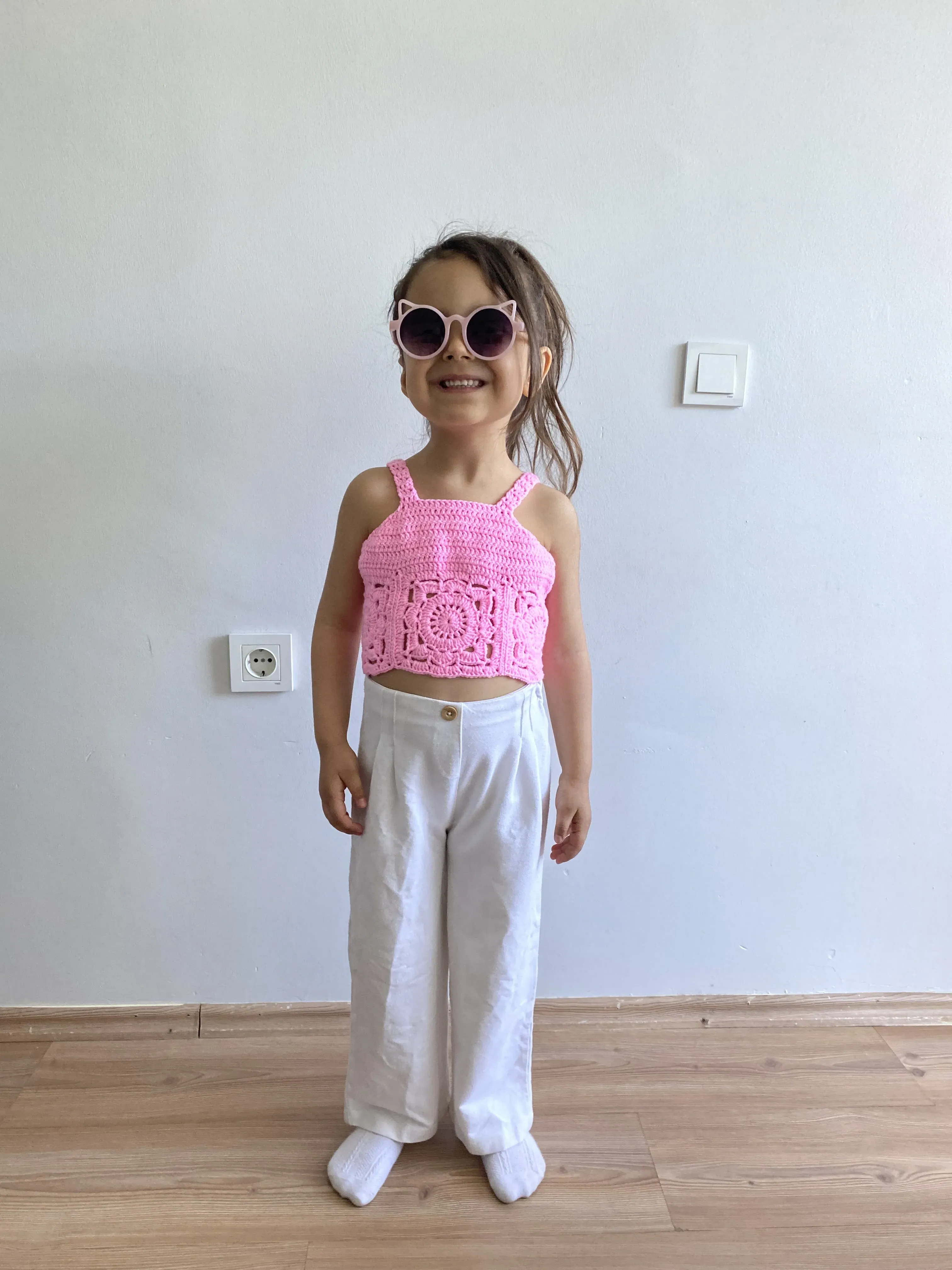Örgü Crop Top - Pembe Çocuk Bluz - El Emeği Yazlık Kız Çocuk