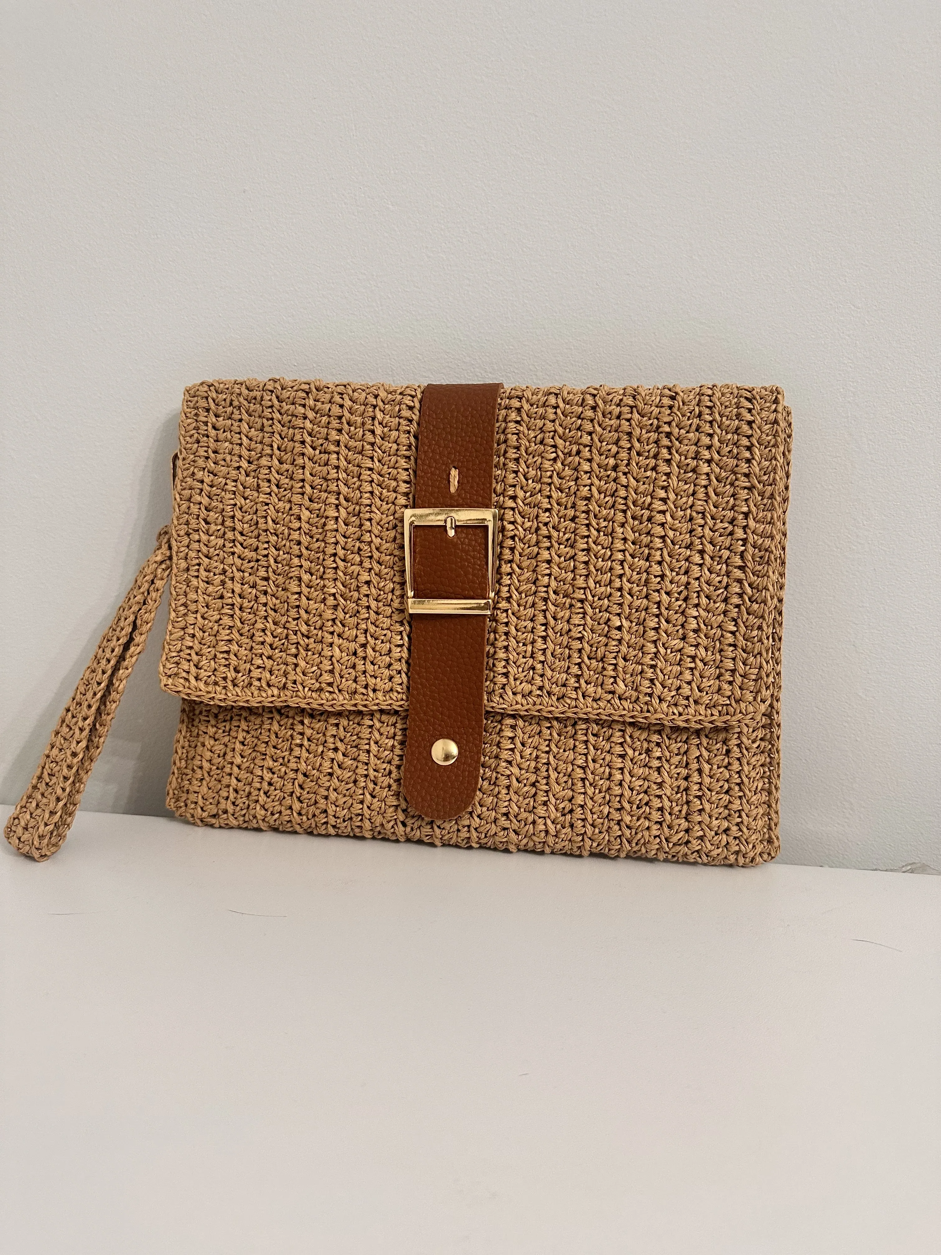 Woven Look Paper Rope Knitted Clutch Flap Shoulder Bag