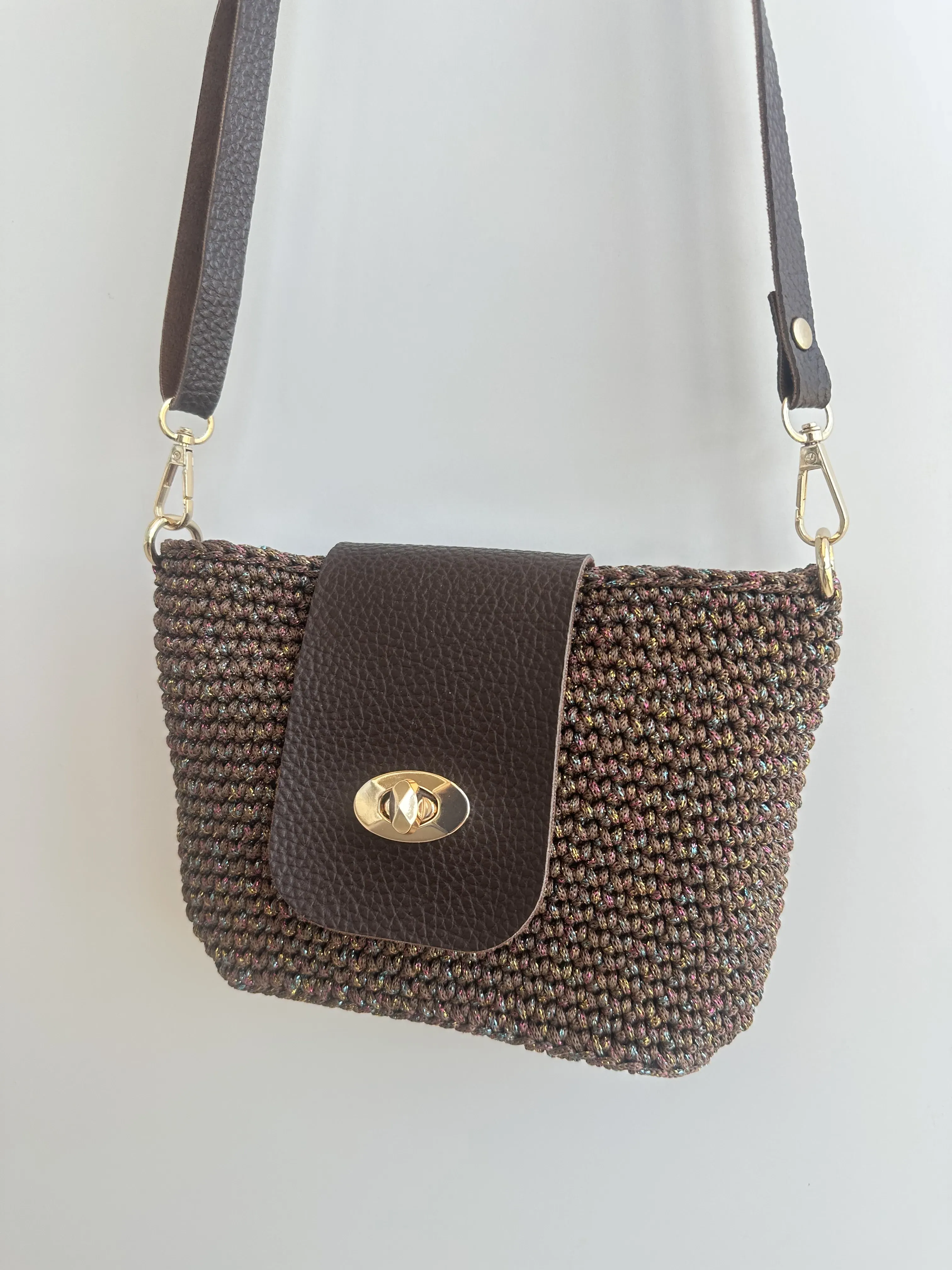 Brown Macrame Crossbody Bag - Buckle Flap and Adjustable Strap