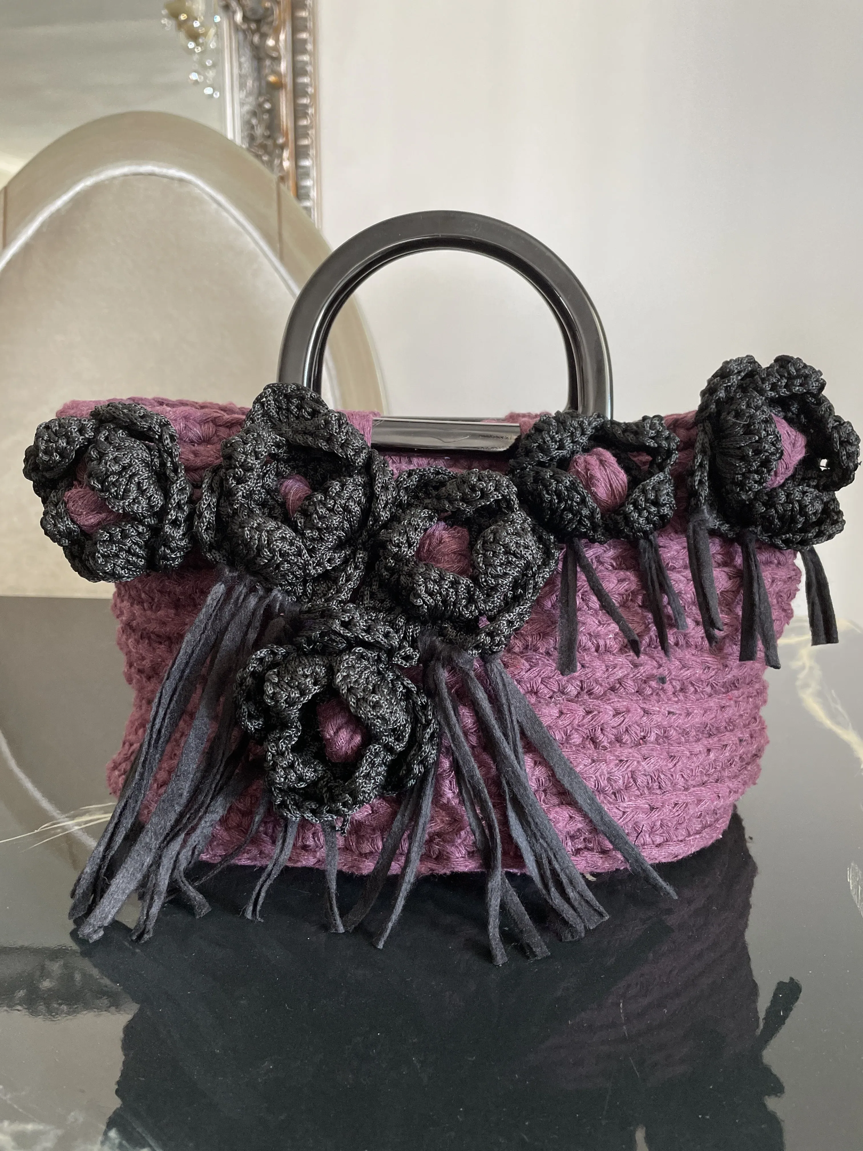Purple Multi-Colored Rose Macrame Knit Mini Bag - Handmade