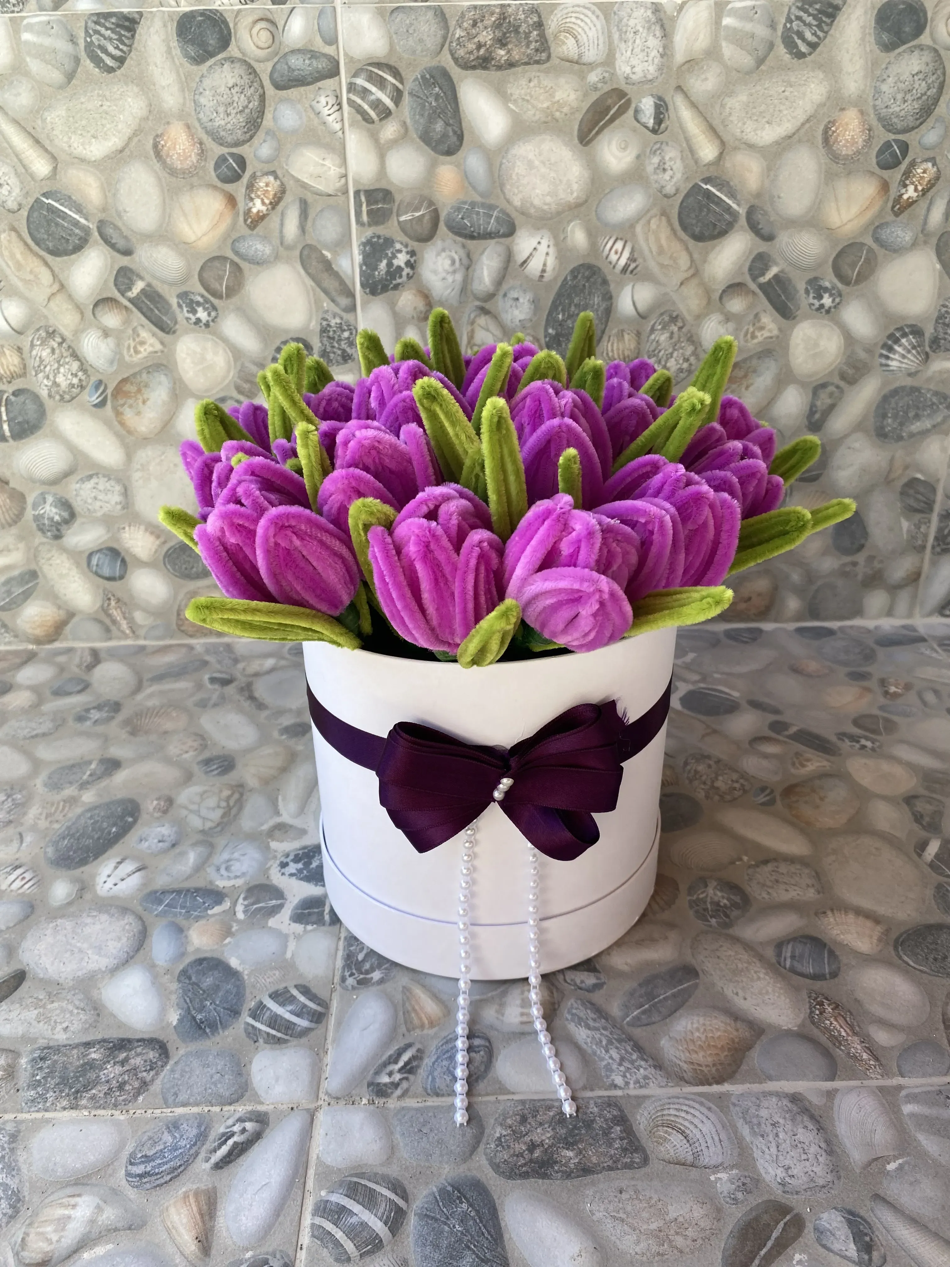 Purple Chenille Tulip Bouquet in White Box - Handmade Love Garden
