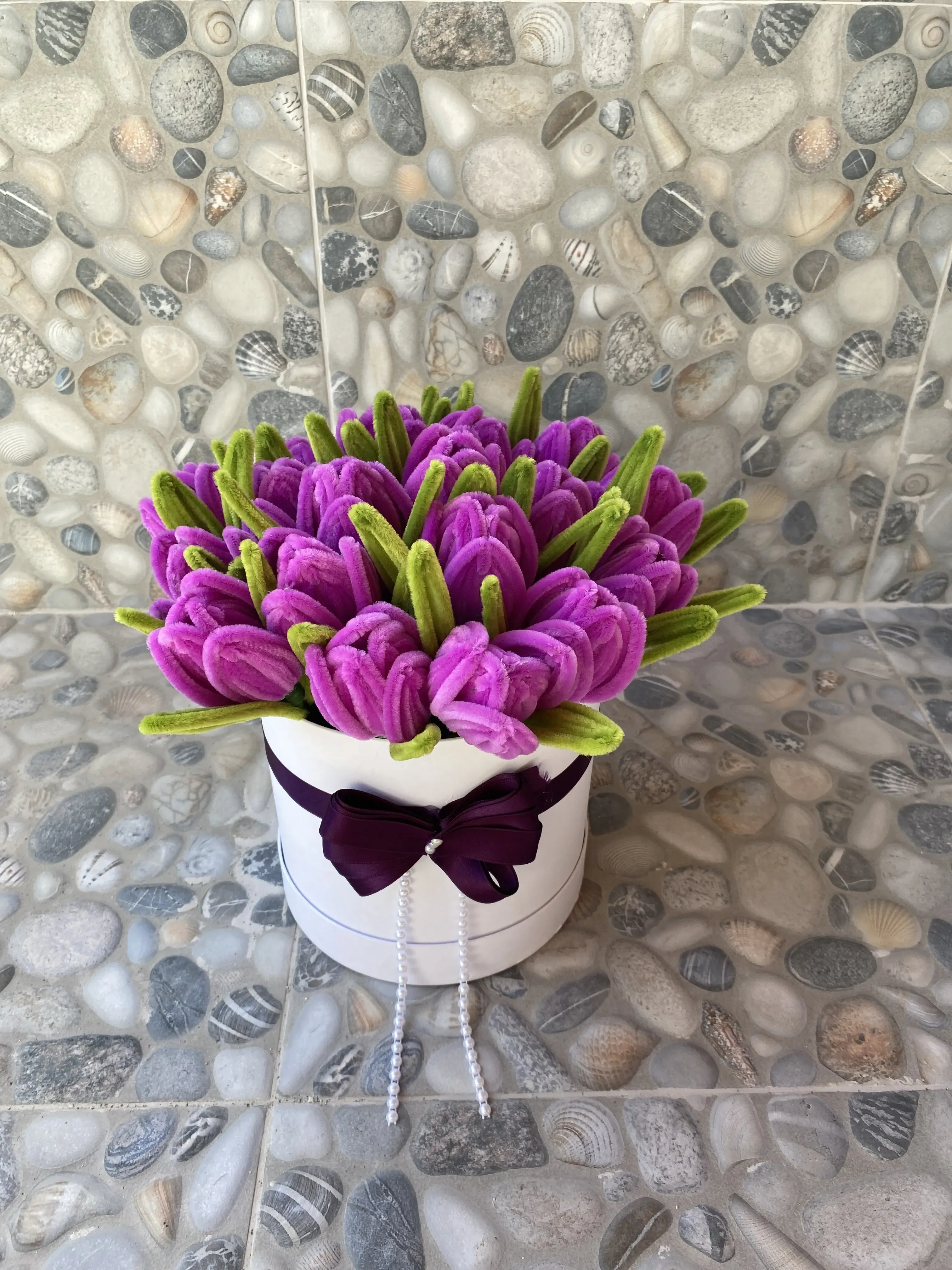 Purple Chenille Tulip Bouquet in White Box - Handmade Love Garden