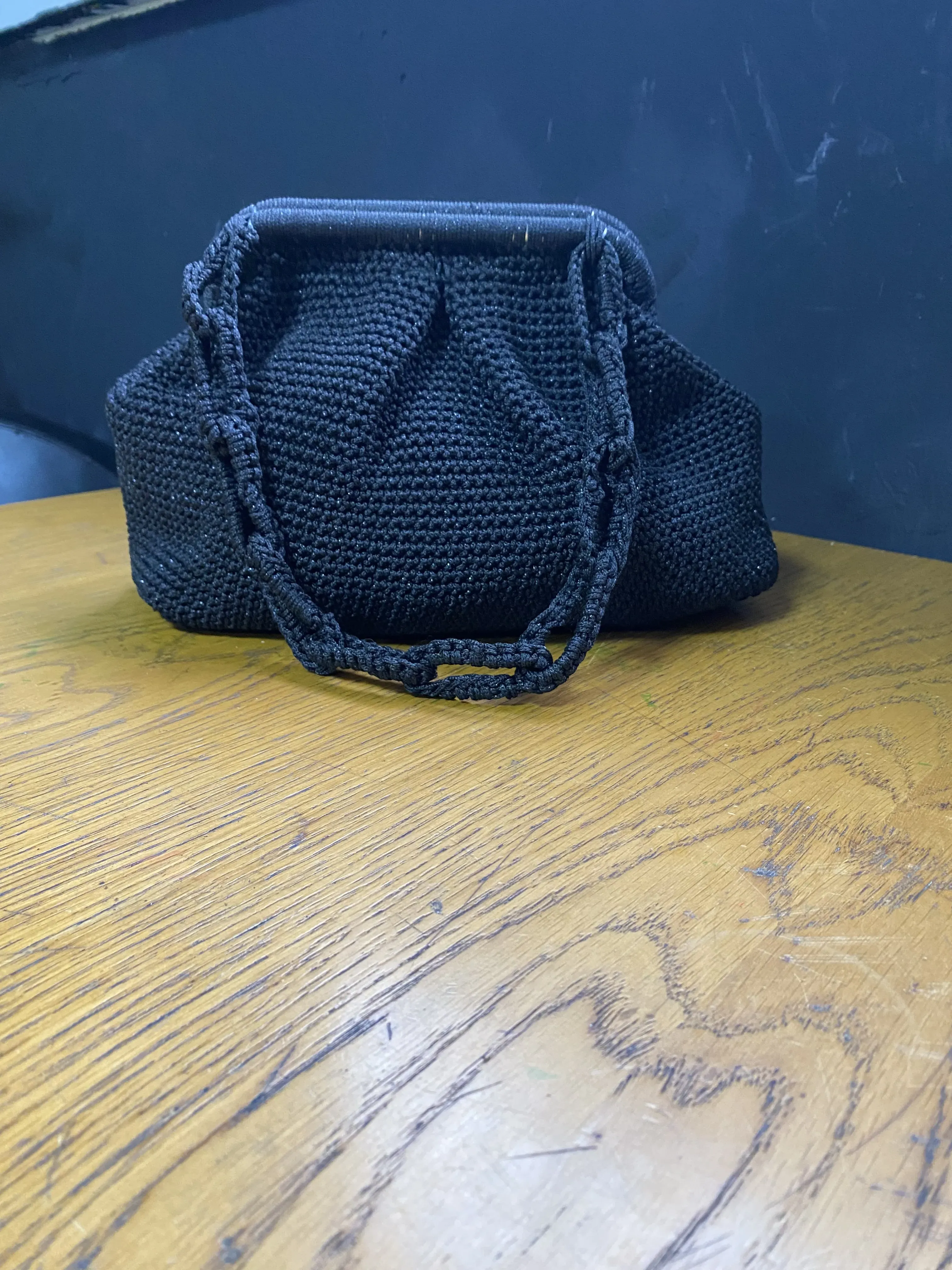 Black Glitter Macrame Knitted Bag with Tassel - Satin Lined and Pocketed