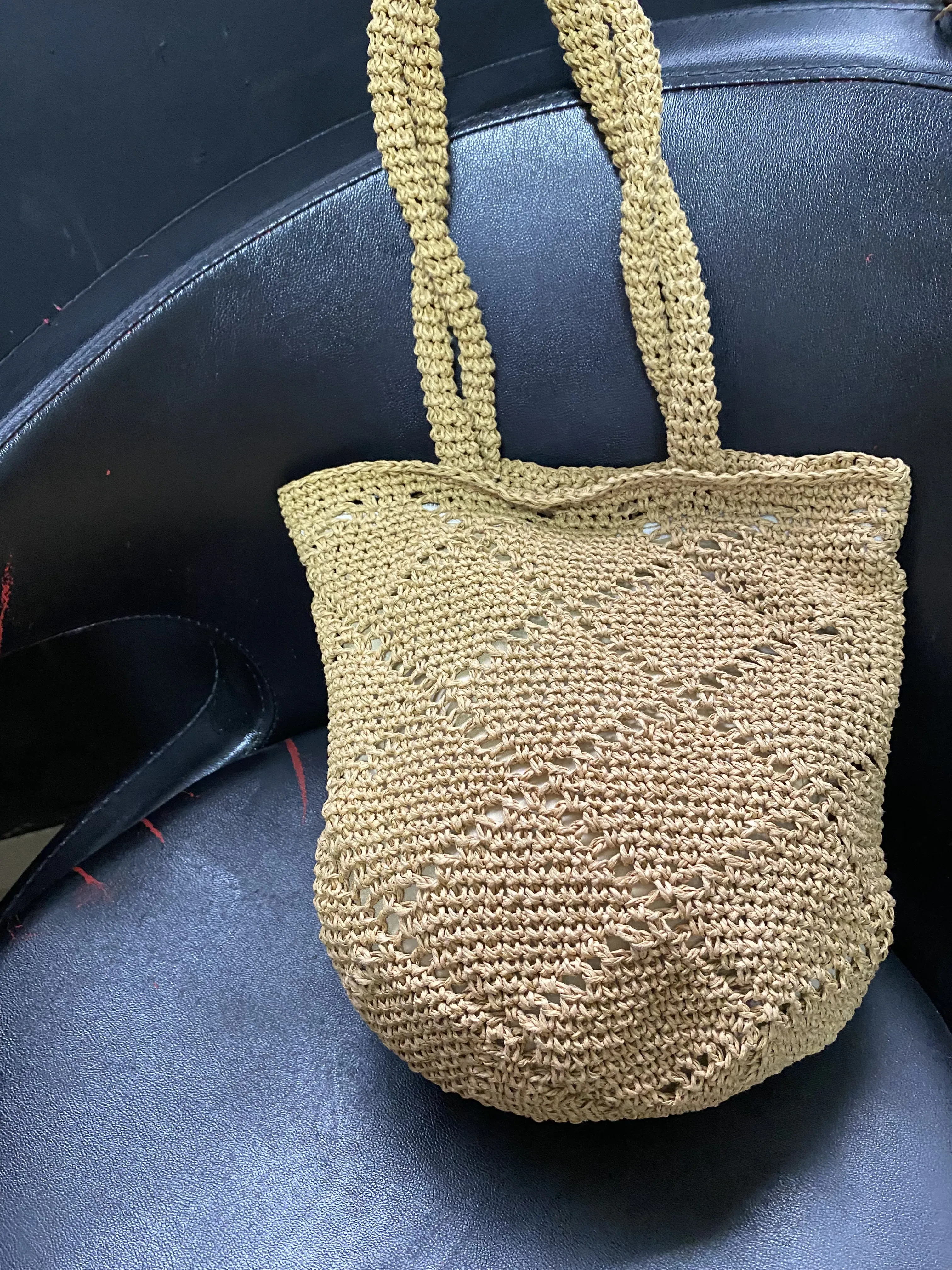 Beige Paper Rope Knit Diamond Pattern Lined Straw Bag