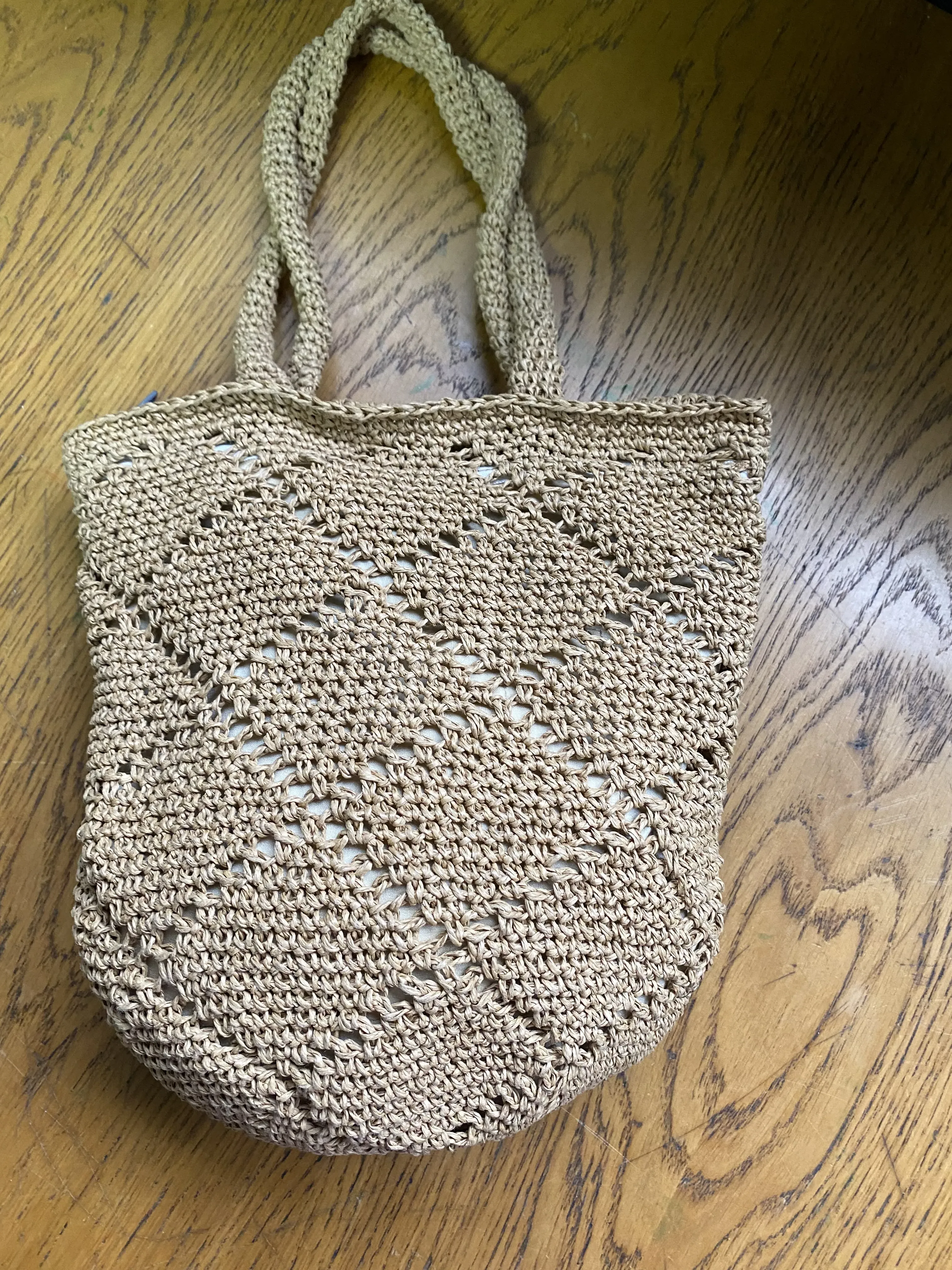 Beige Paper Rope Knit Diamond Pattern Lined Straw Bag