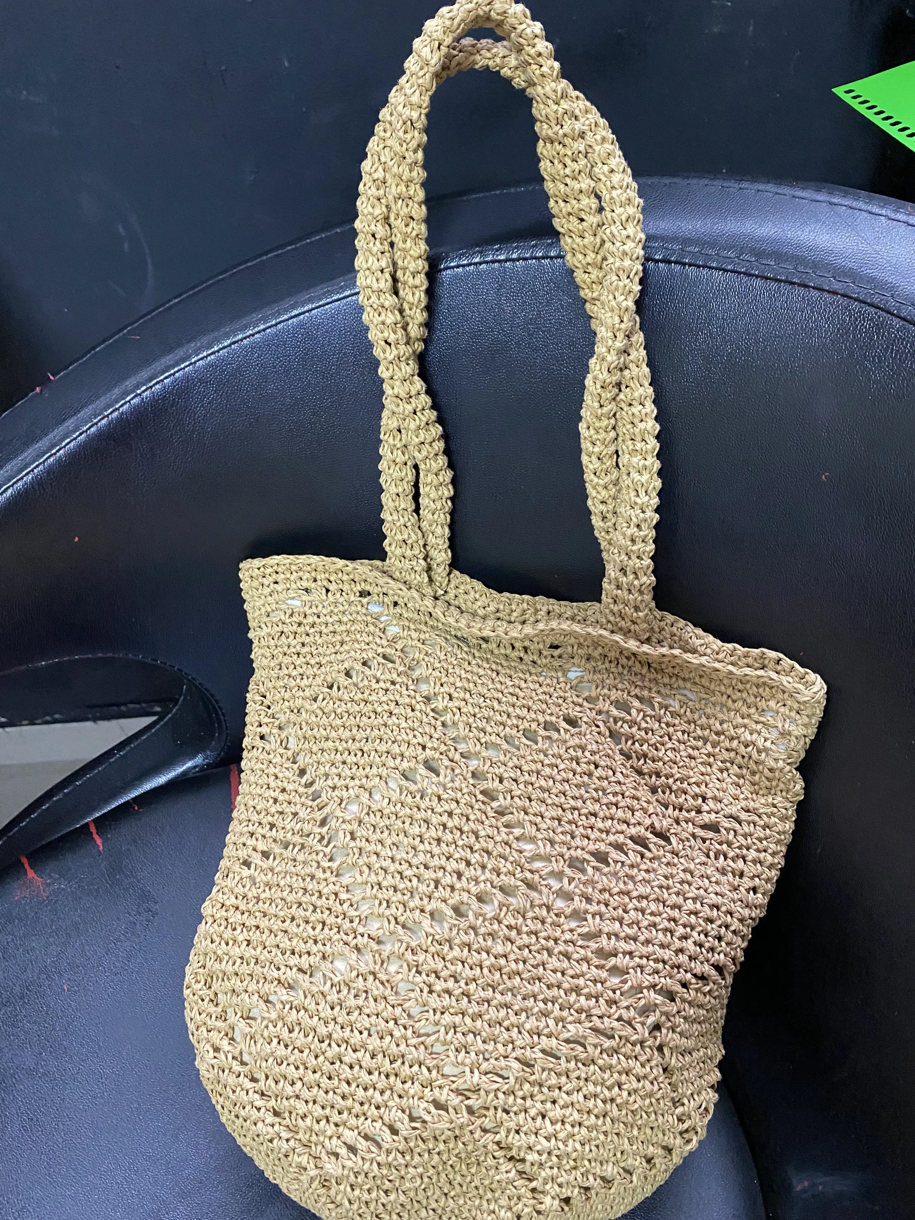 Beige Paper Rope Knit Diamond Pattern Lined Straw Bag