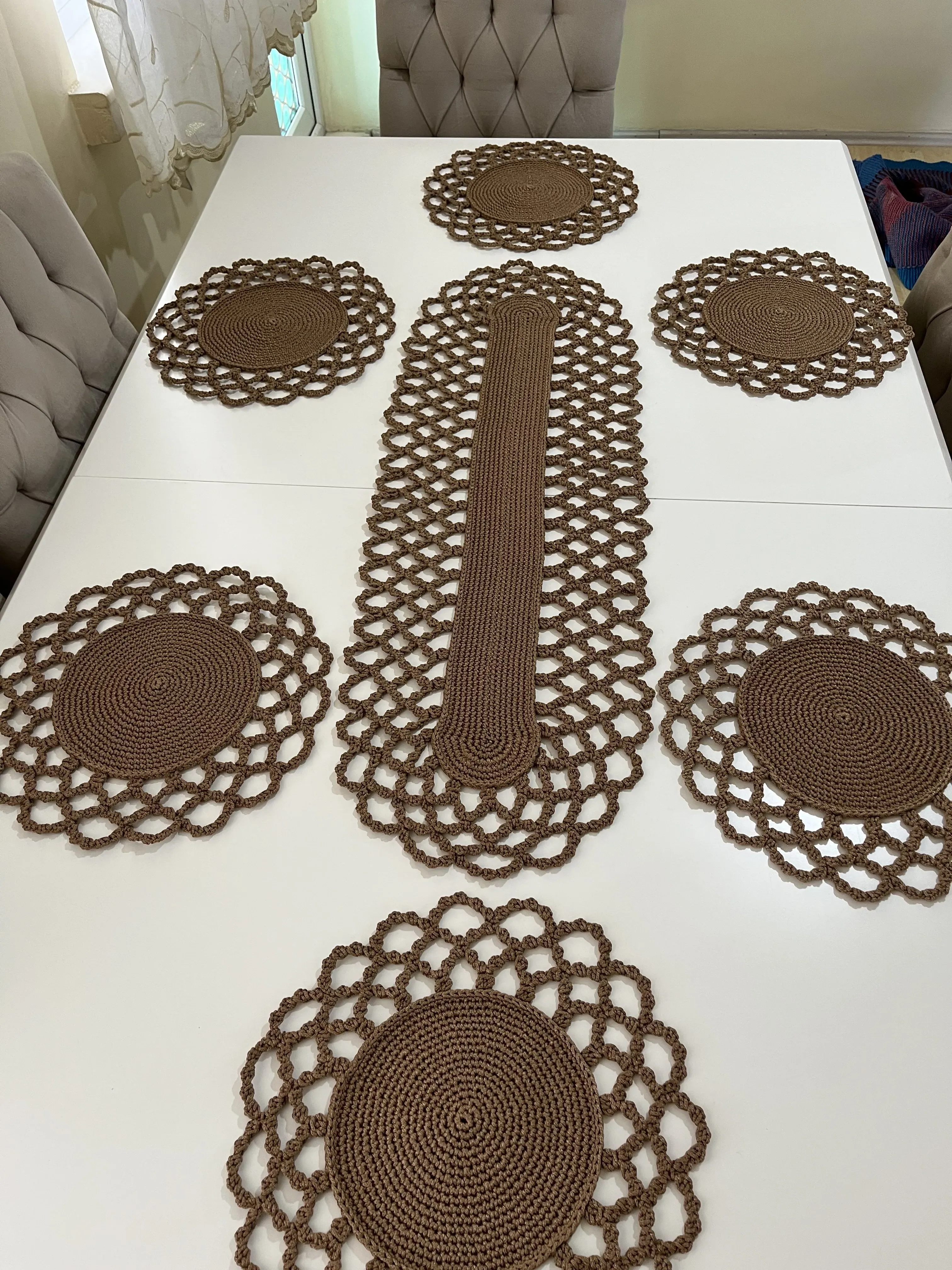 Brown Polyester Cord Knitted Runner and Service Placemat Set - Handmade