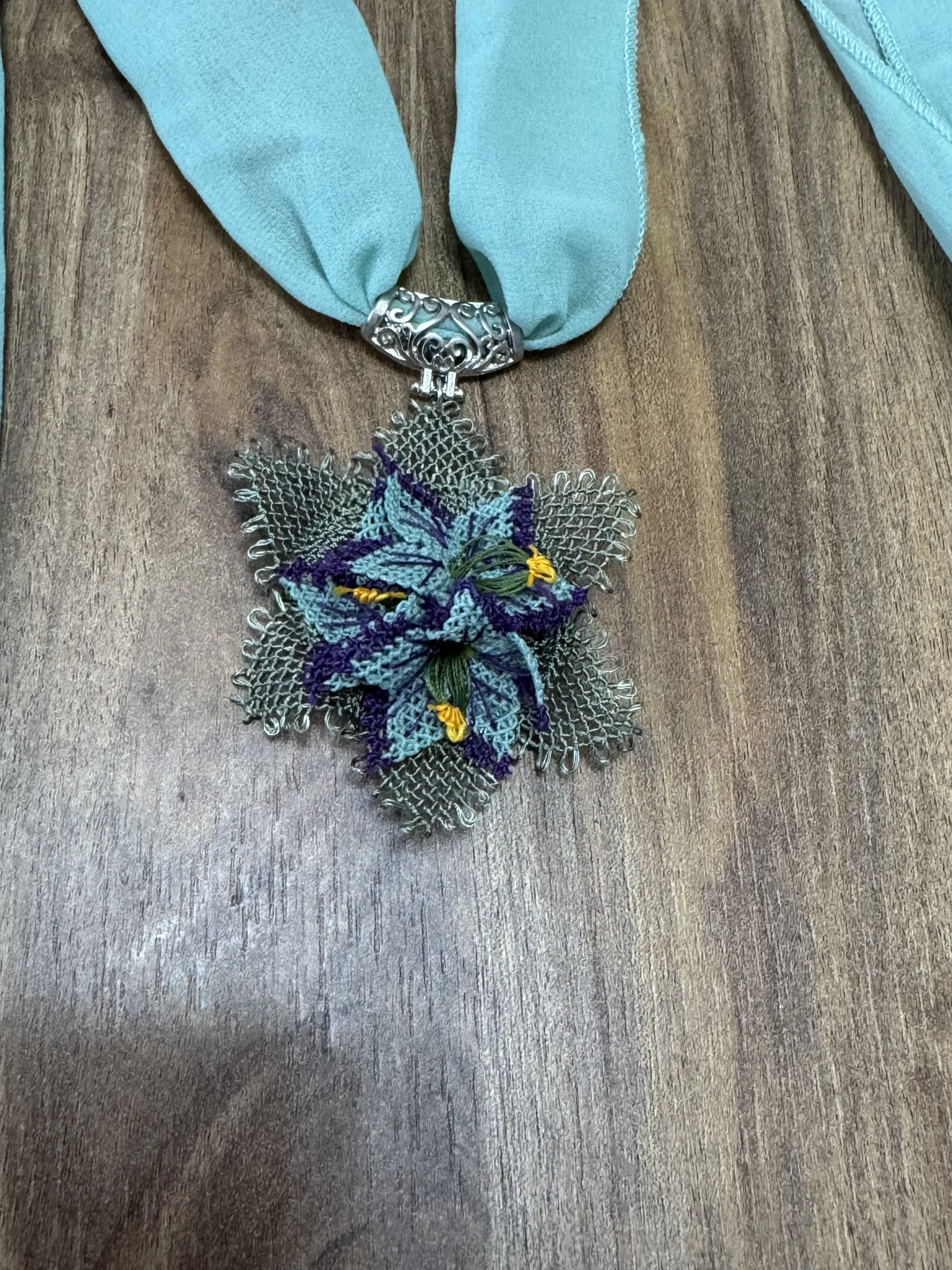 Teal Chiffon Scarf - Hand Embroidered with Needle Lace and Tassel Details
