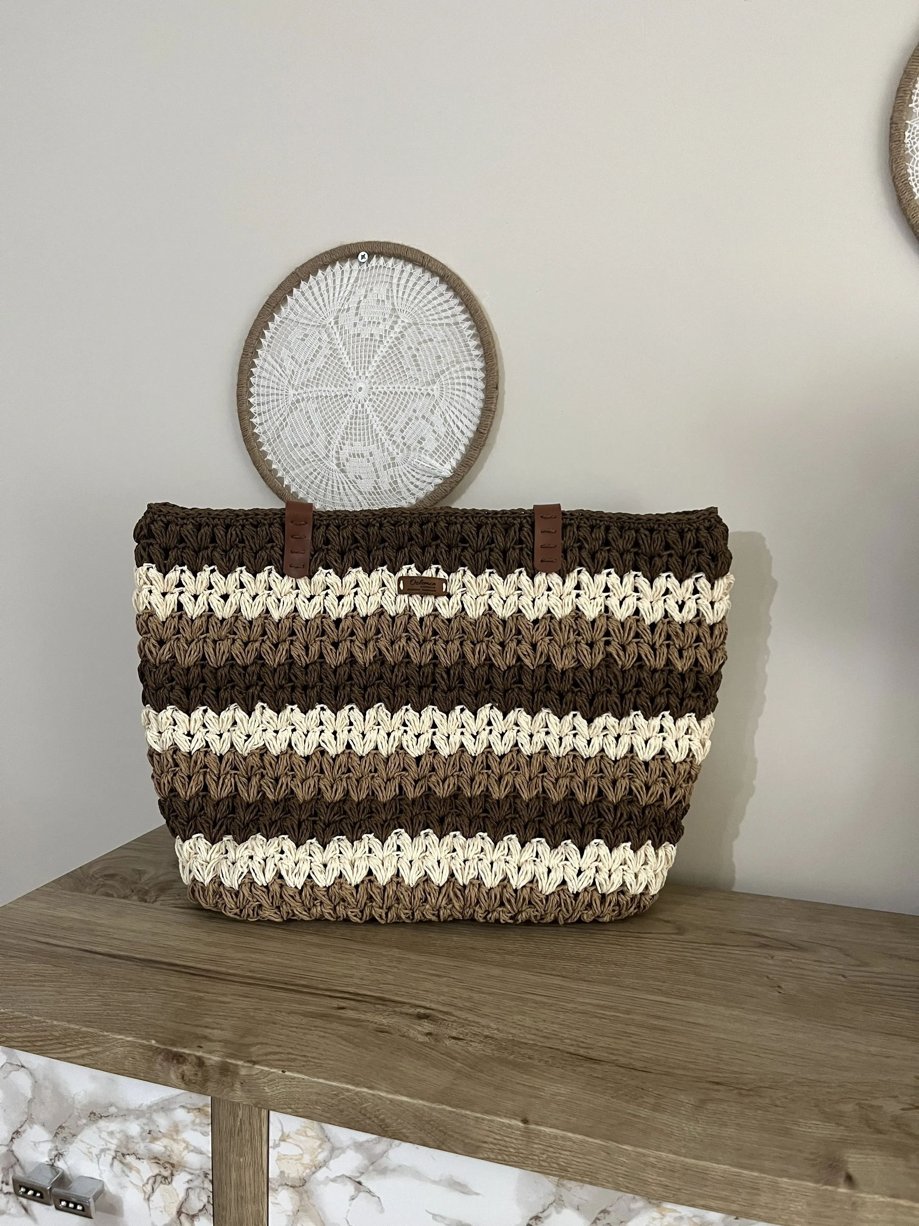 Kahverengi ve Krem Renkli Fıstık Model Örgü Çanta - El Emeği