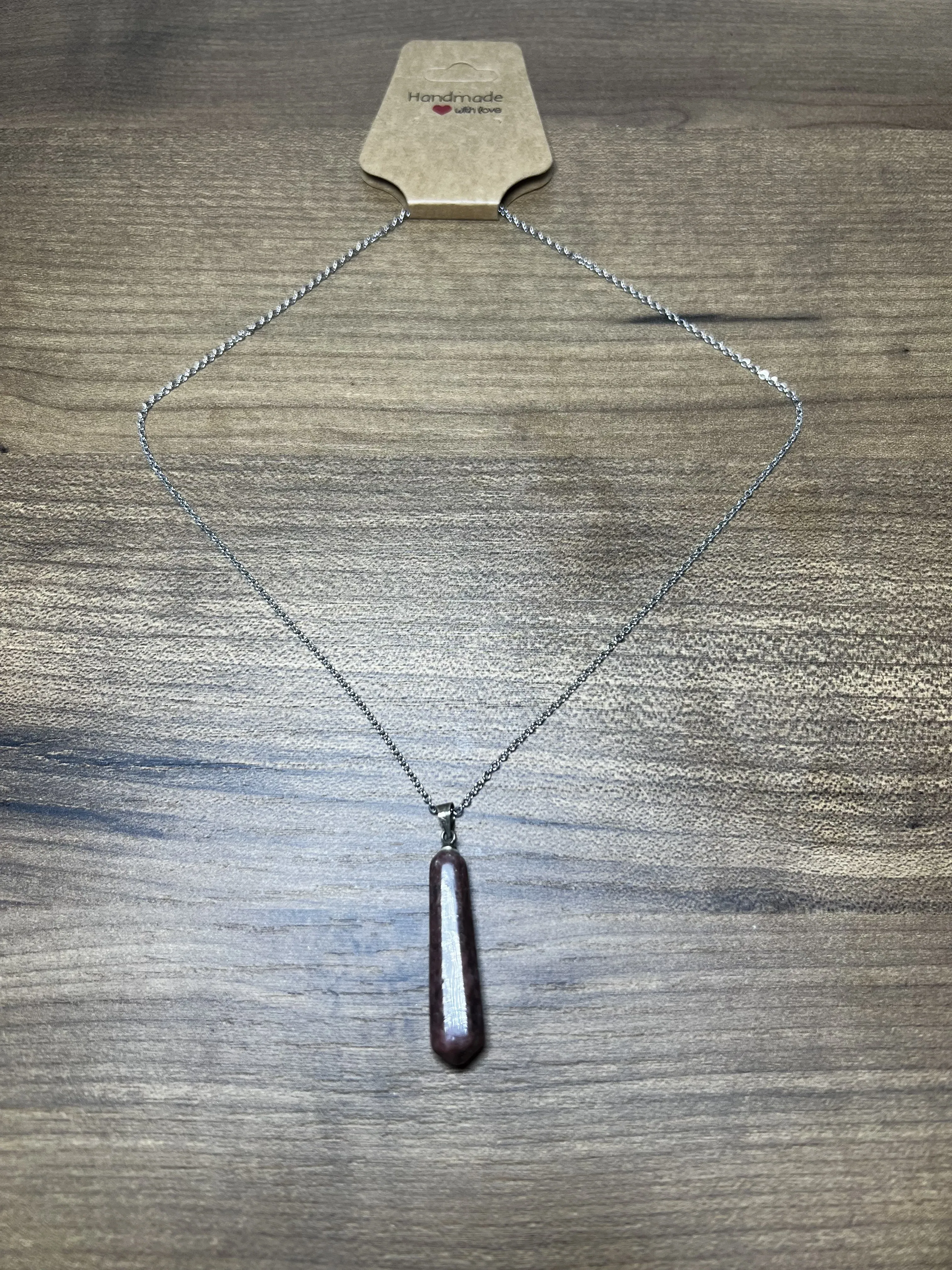 Cilalı Rodokrozit Doğal Taş Gümüş Zincirli Kolye Ucu - El Yapımı