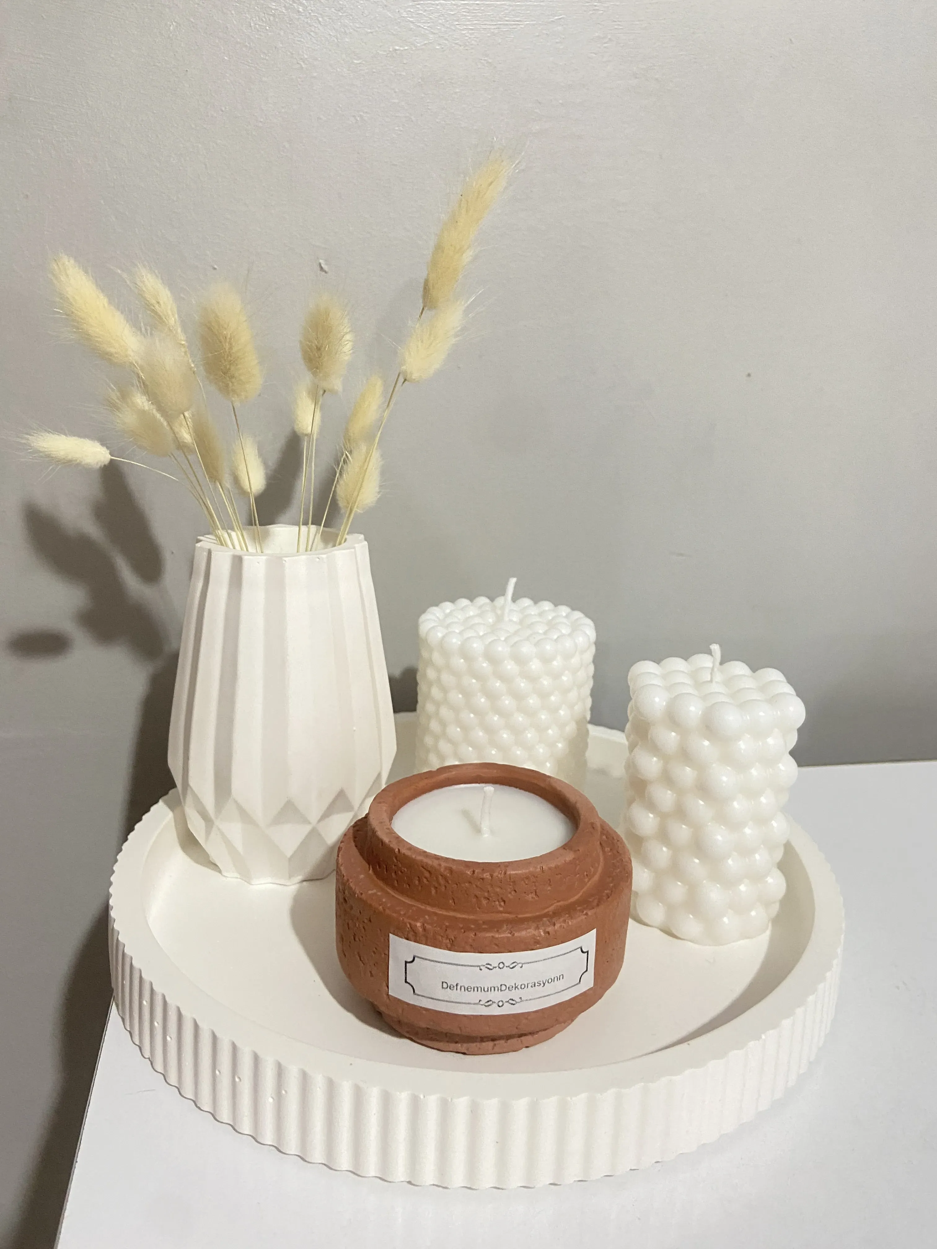 Dekoratif Mum Seti - Beton Dokulu Kap, Bubble Mum ve Vazo