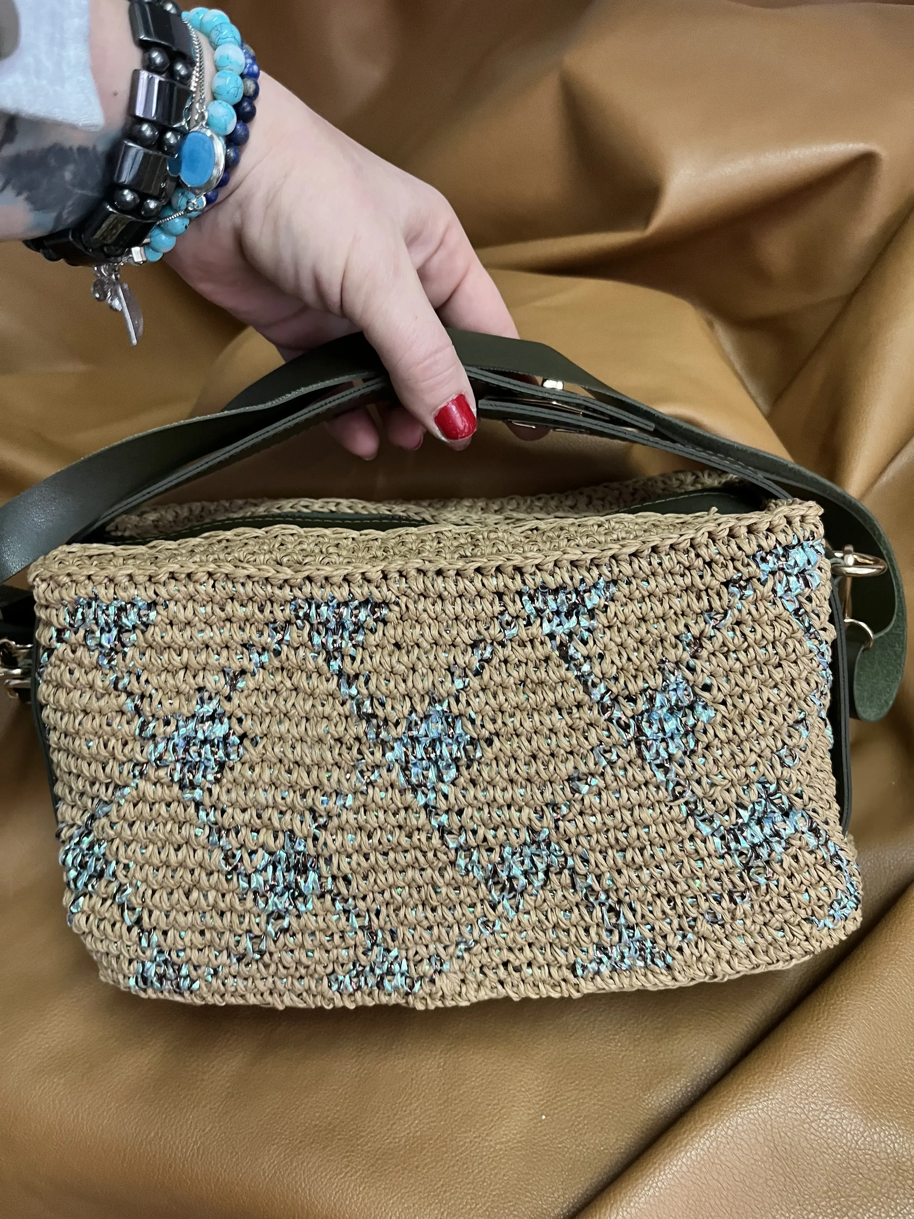 Hasır Renkli Yeşil Detaylı Örgü Çanta - Amber Luxe Bag