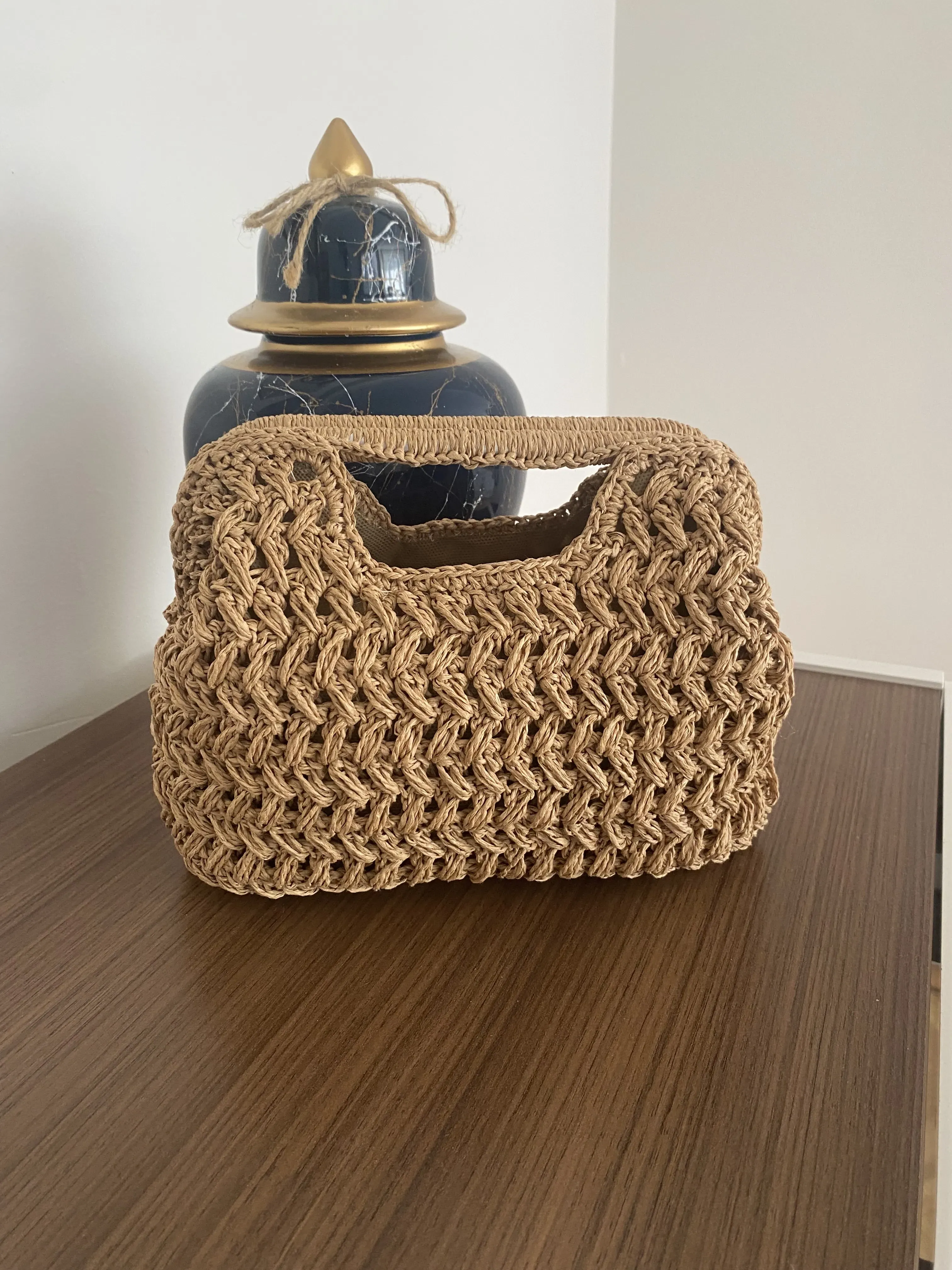 El Yapımı Kağıt İp Örgü Omuz Çantası - Doğal Renk Burslu Model