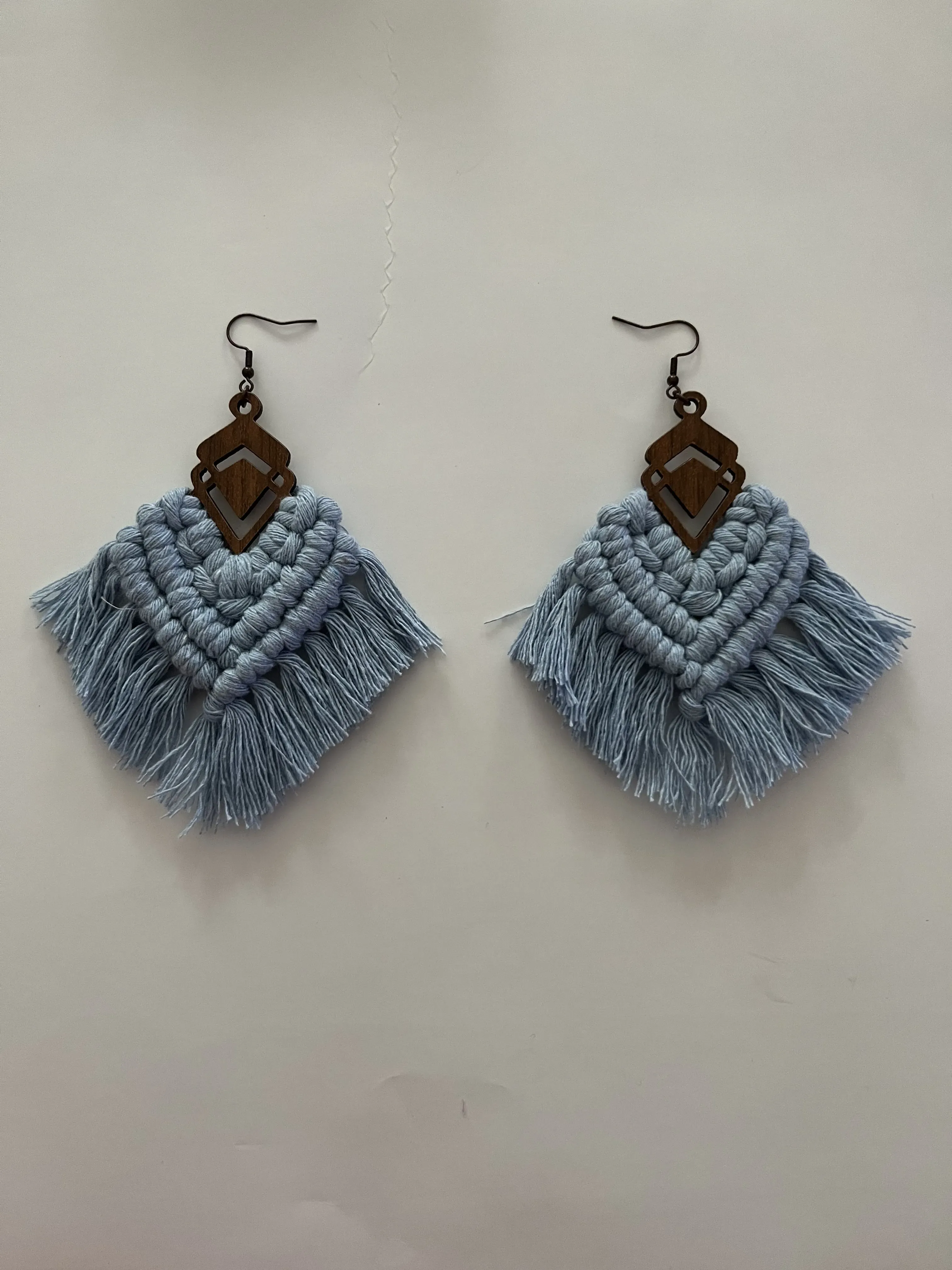 Blue Macrame Earrings with Wooden Detail, Bohemian Style Handmade Earrings
