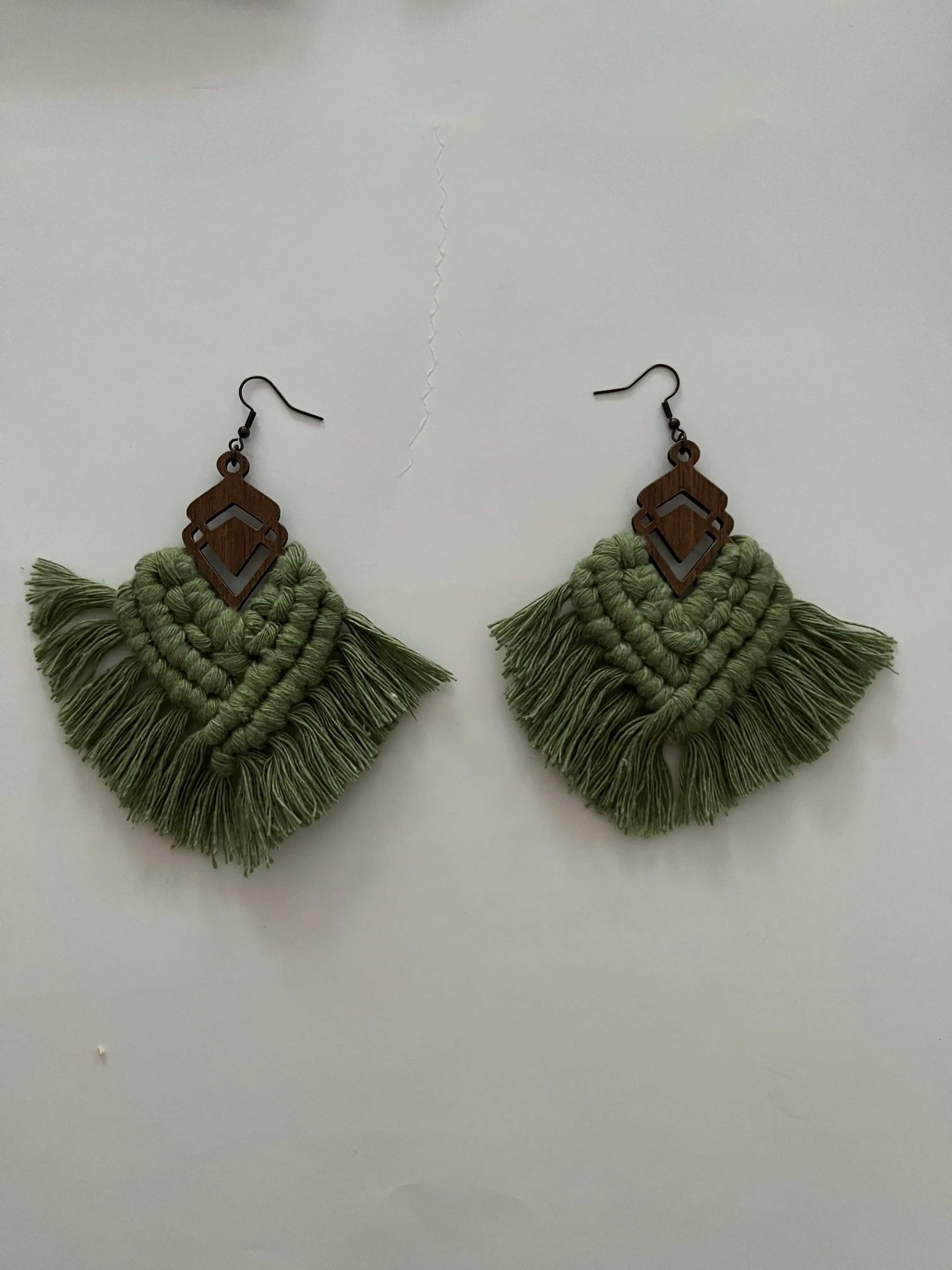 Green Macrame Earrings with Wooden Detail Bohemian Style Lightweight Earrings