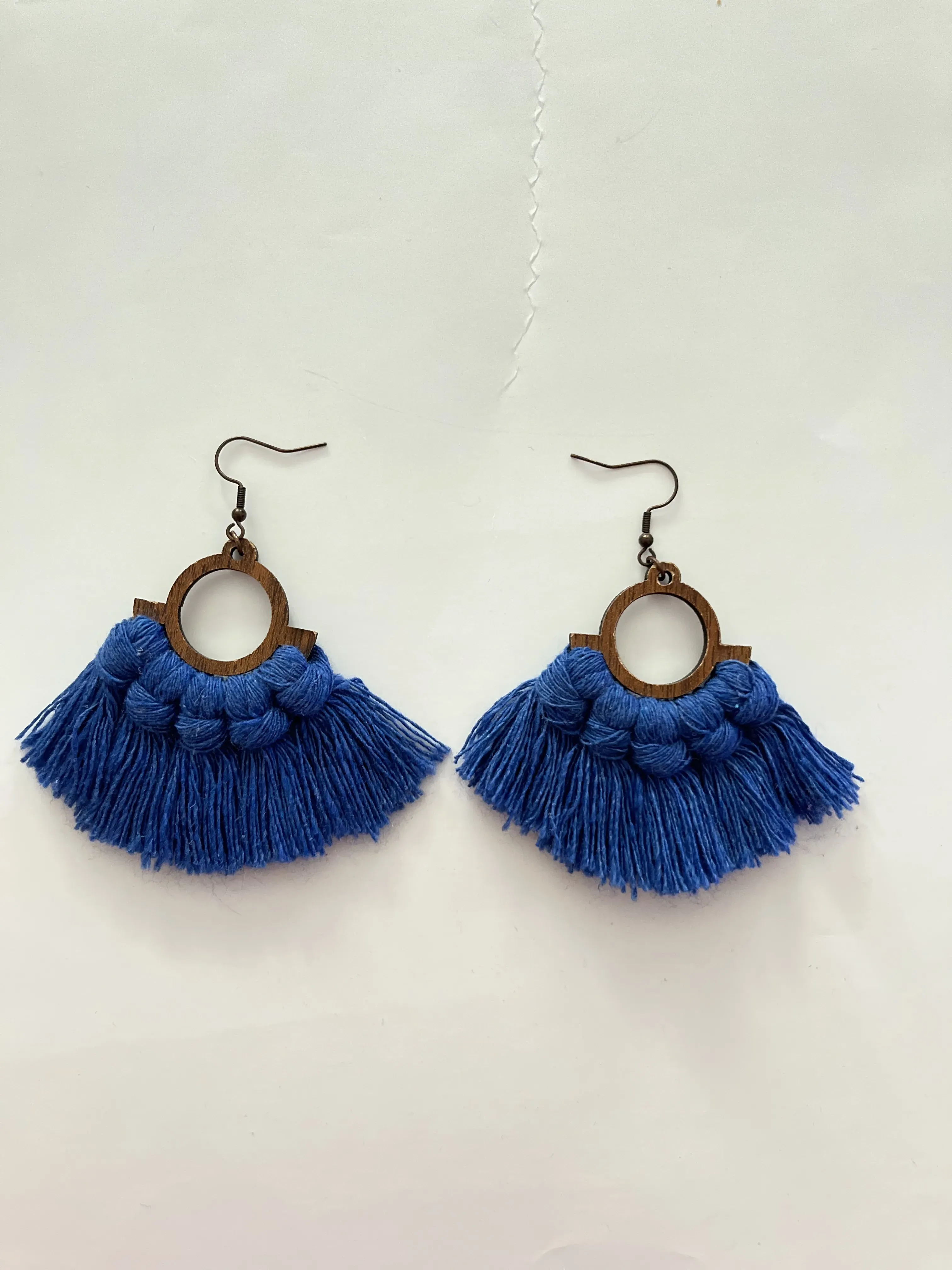 Blue Macrame Tassel Earrings with Wooden Detail - Handmade Design