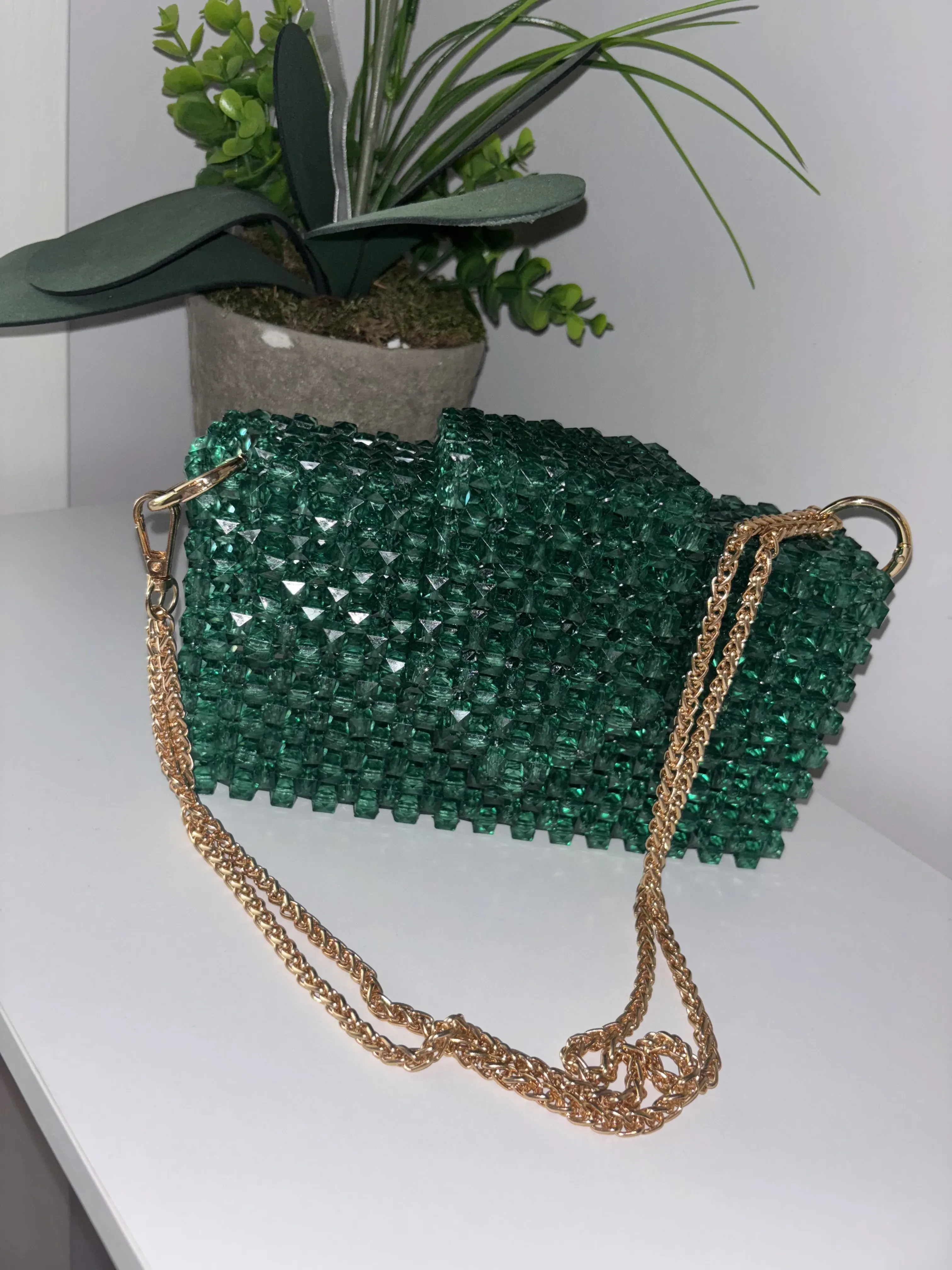 Yeşil Boncuklu Gold Zincir Askılı Şık Tasarım Çanta - El Emeği
