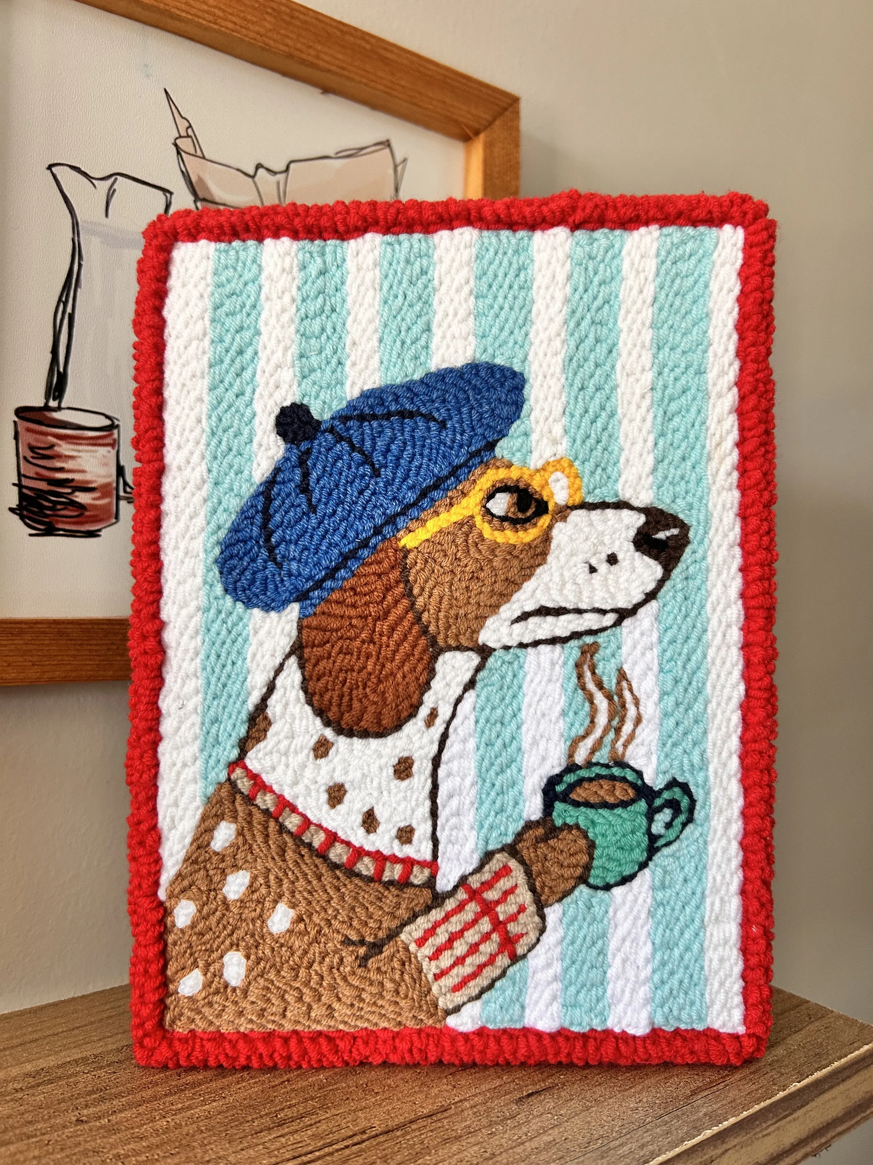 Kahve Sever Köpek Temalı Punch Duvar Halısı - 15x20 cm, El İşlemesi