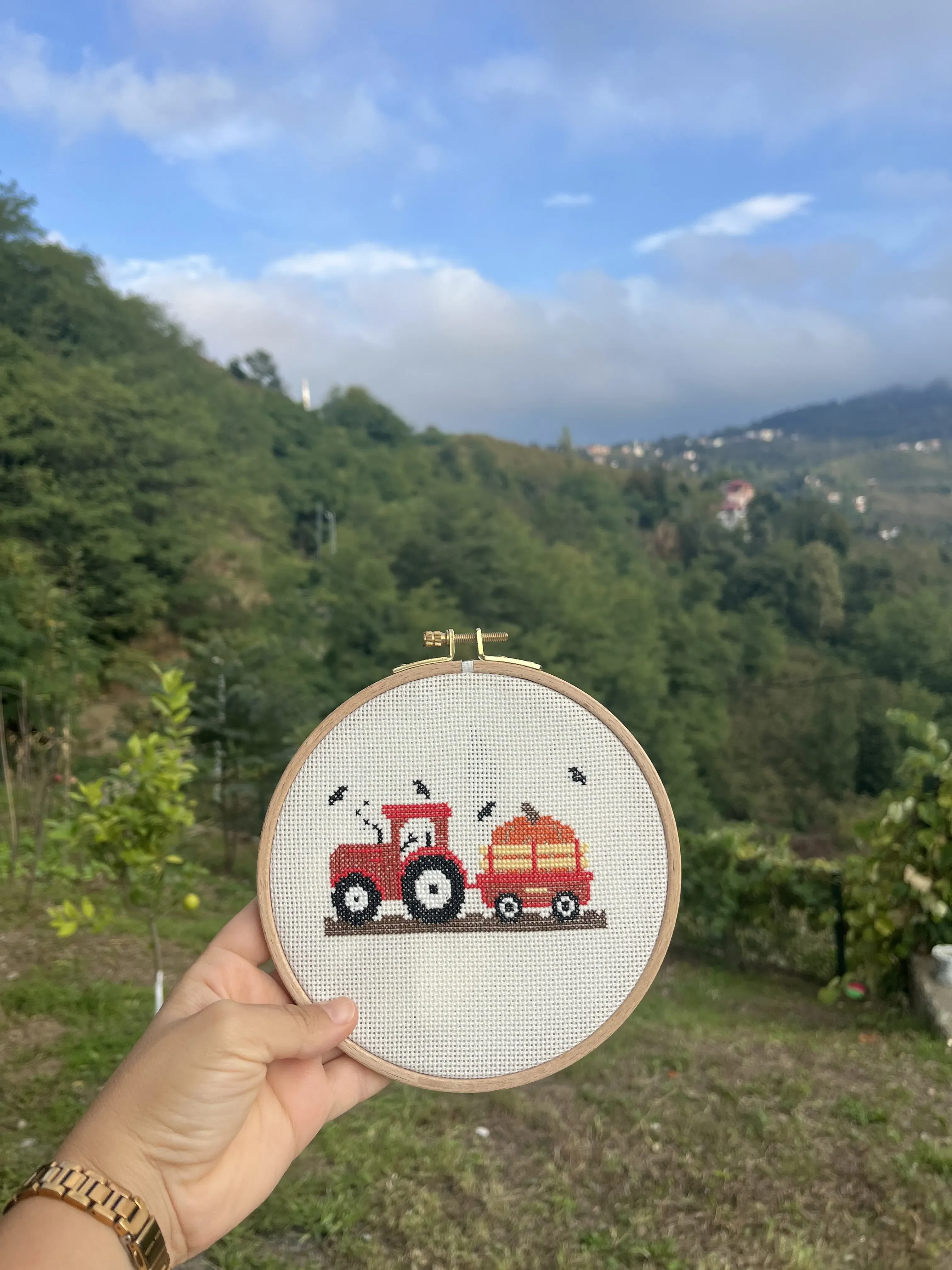 El Yapımı Etamin Duvar Panosu – Kırmızı Karavan Temalı Dekoratif Nakış Çerçeve