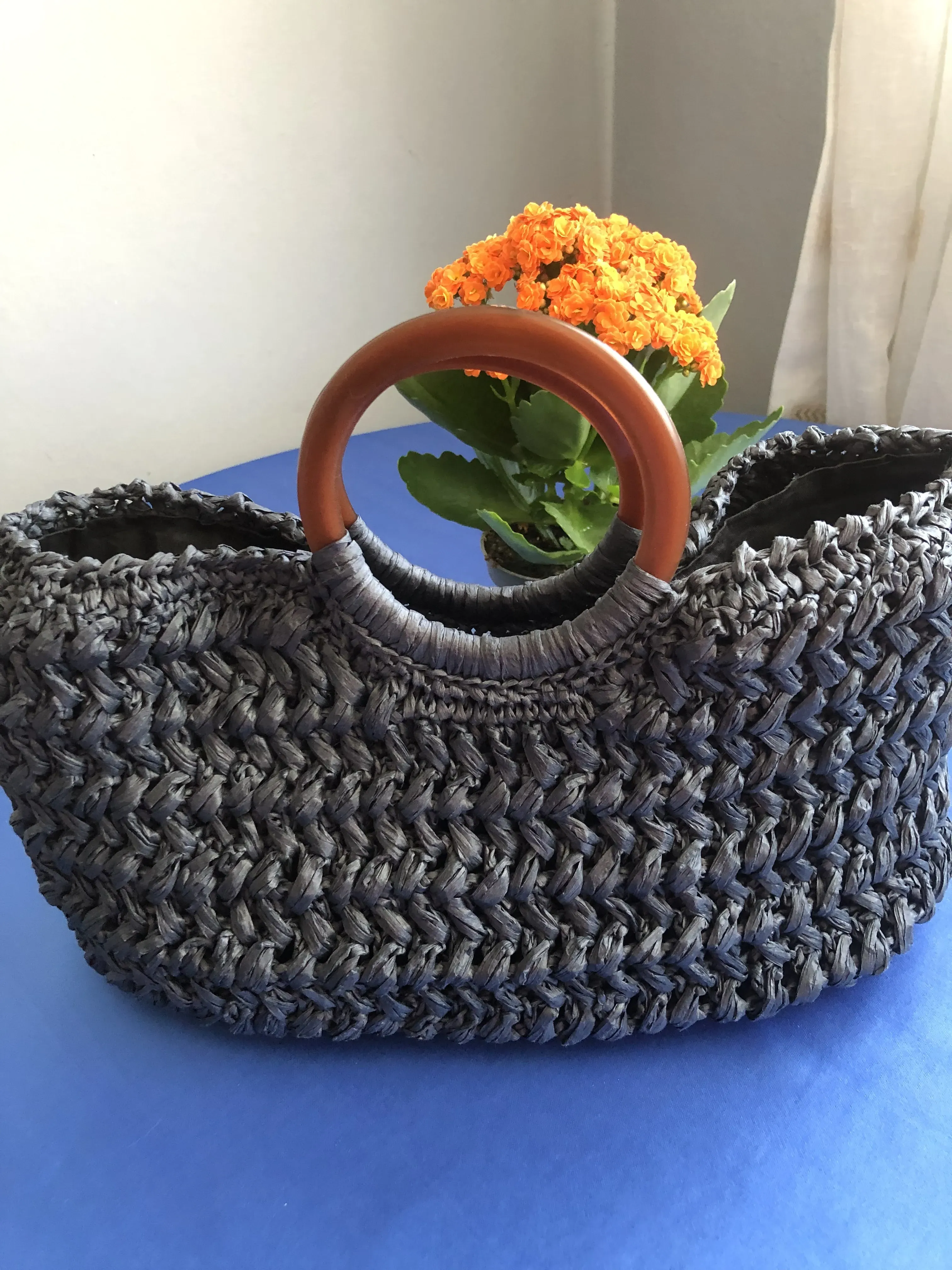 Füme Renk Ahşap Saplı Rafya İp Örgü Omuz Çantası - El Emeği