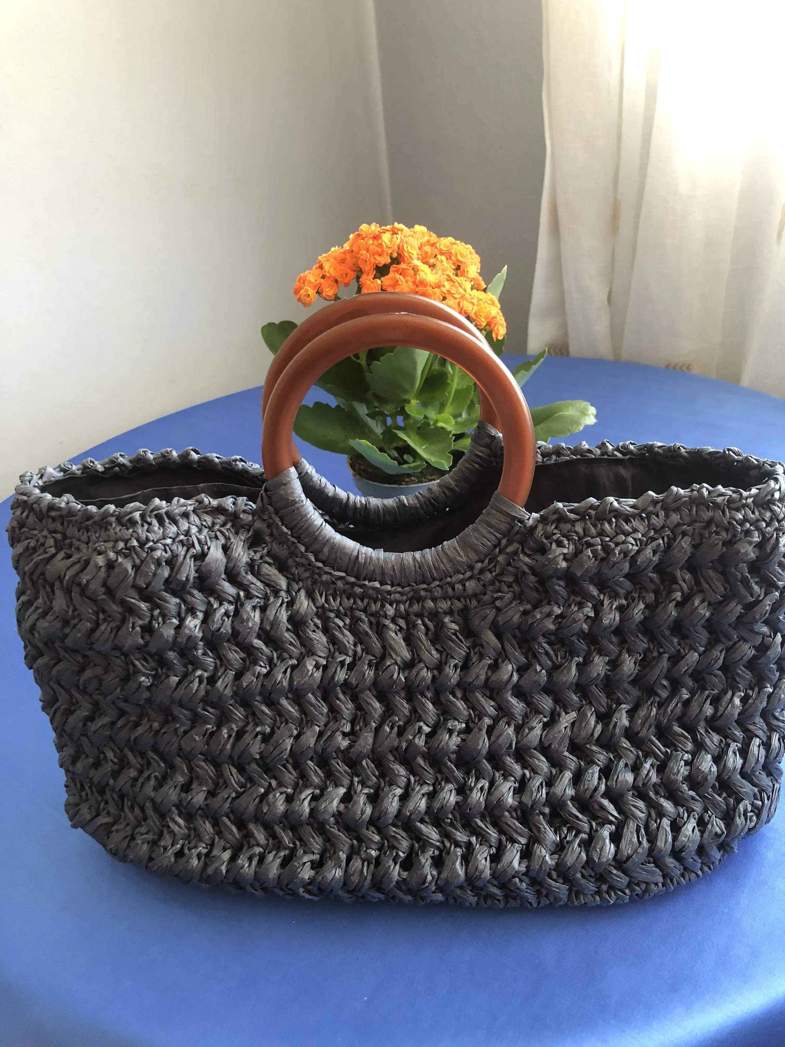 Füme Renk Ahşap Saplı Rafya İp Örgü Omuz Çantası - El Emeği