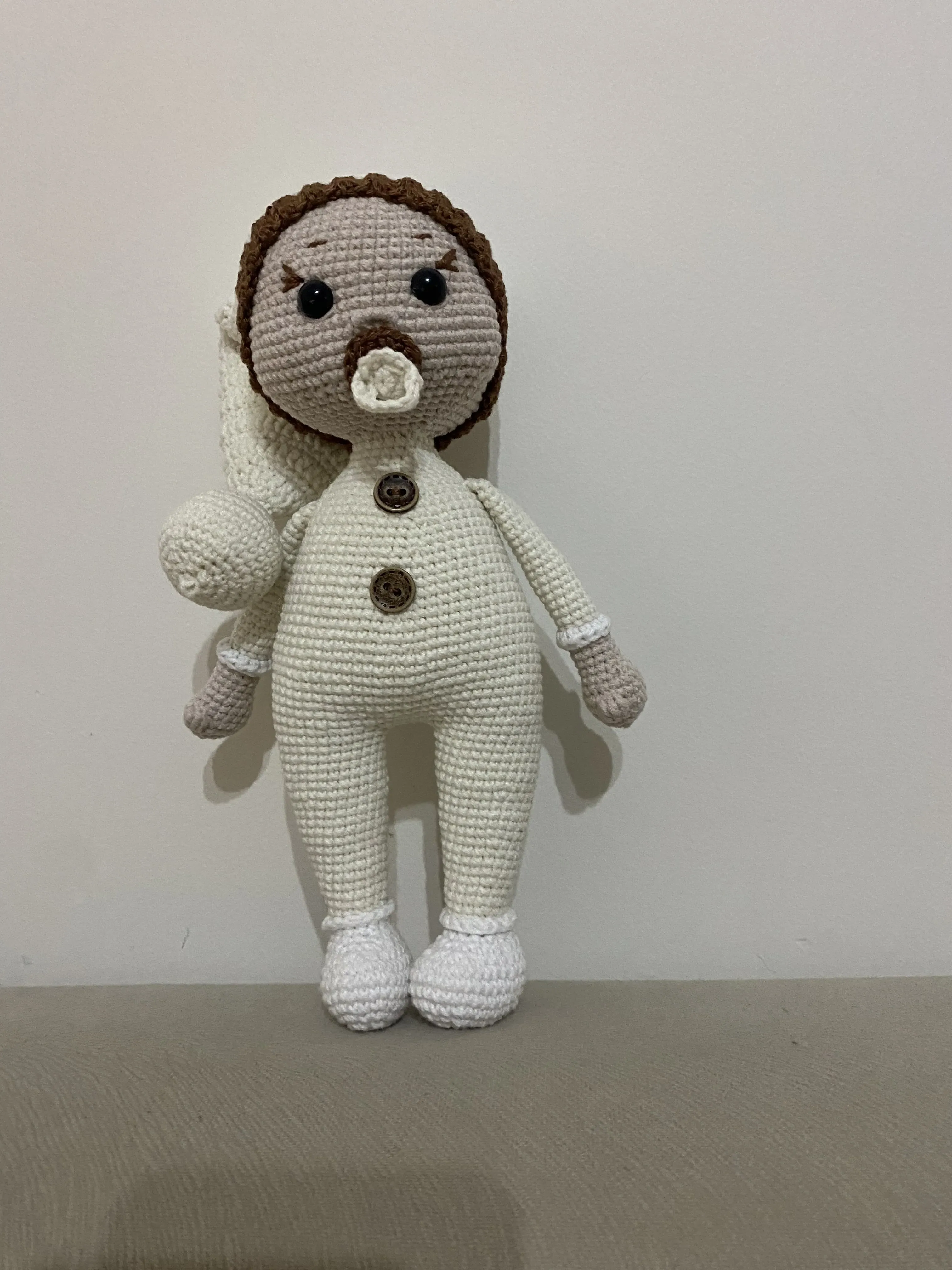 Örme Bebek Oyuncak - 20 cm Emzikli, Krem Rengi, El Emeği