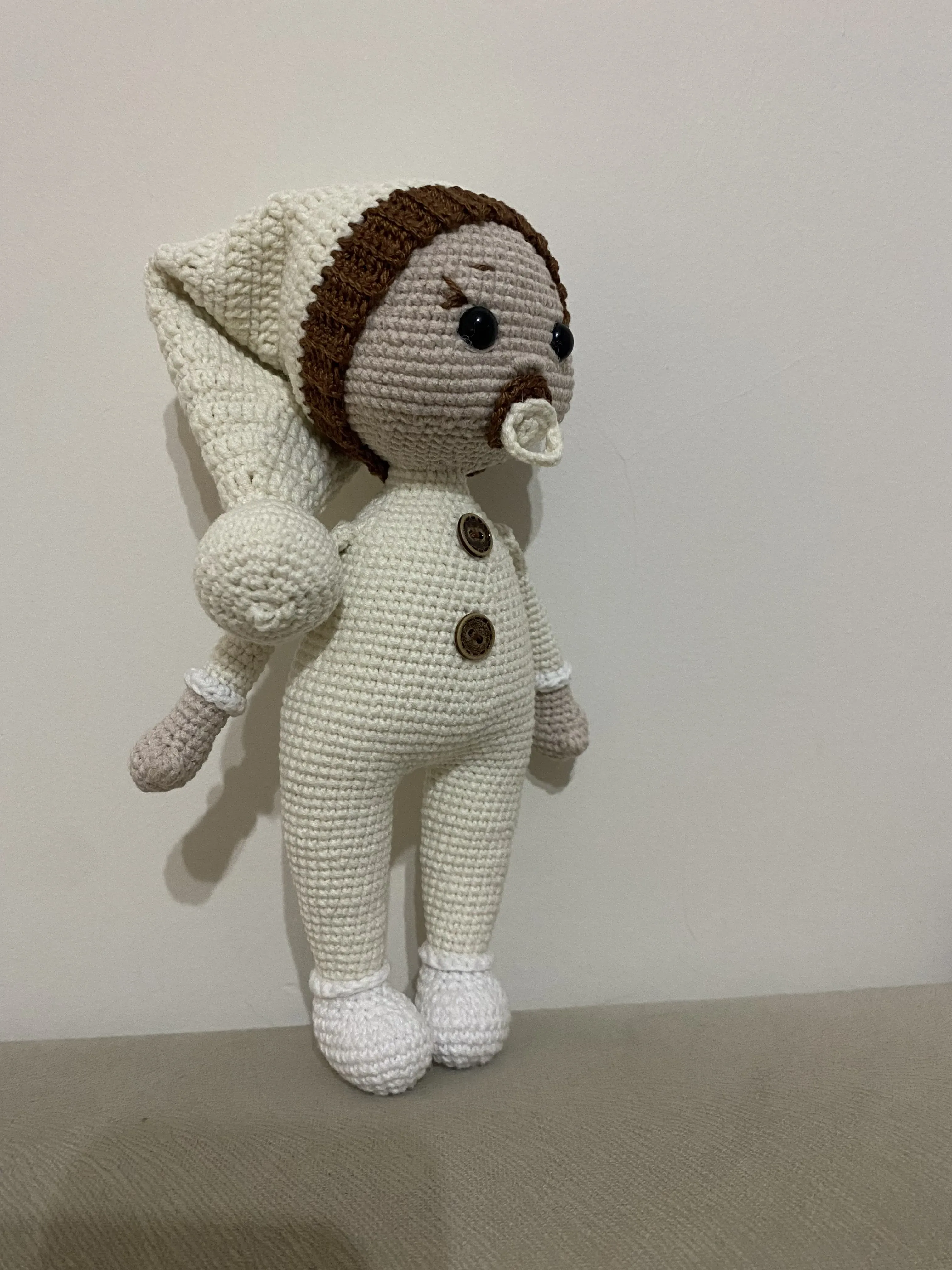 Örme Bebek Oyuncak - 20 cm Emzikli, Krem Rengi, El Emeği