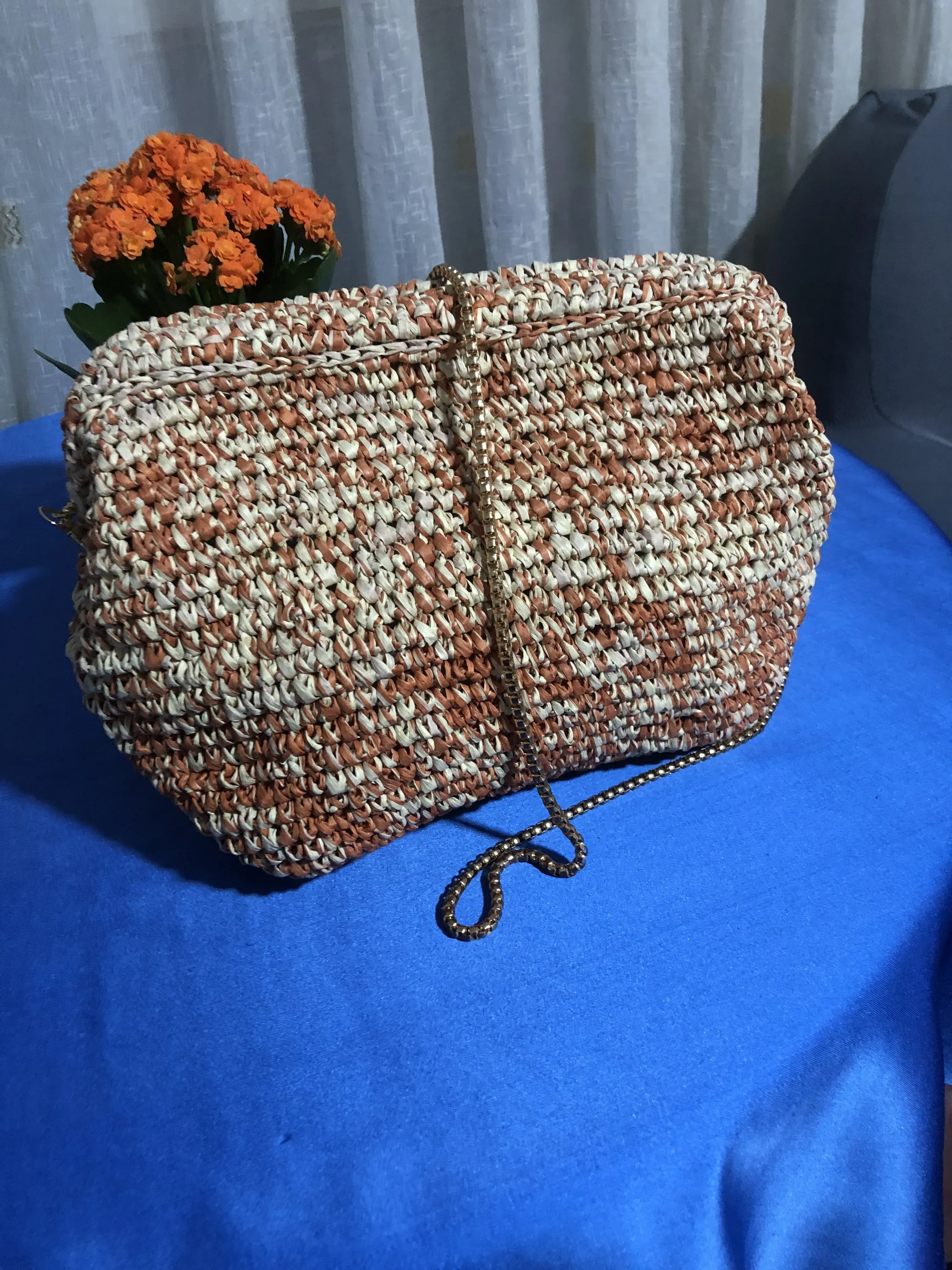 Hasır Örgü Büyük Boy Omuz Çantası - Zincir Askılı, El Yapımı