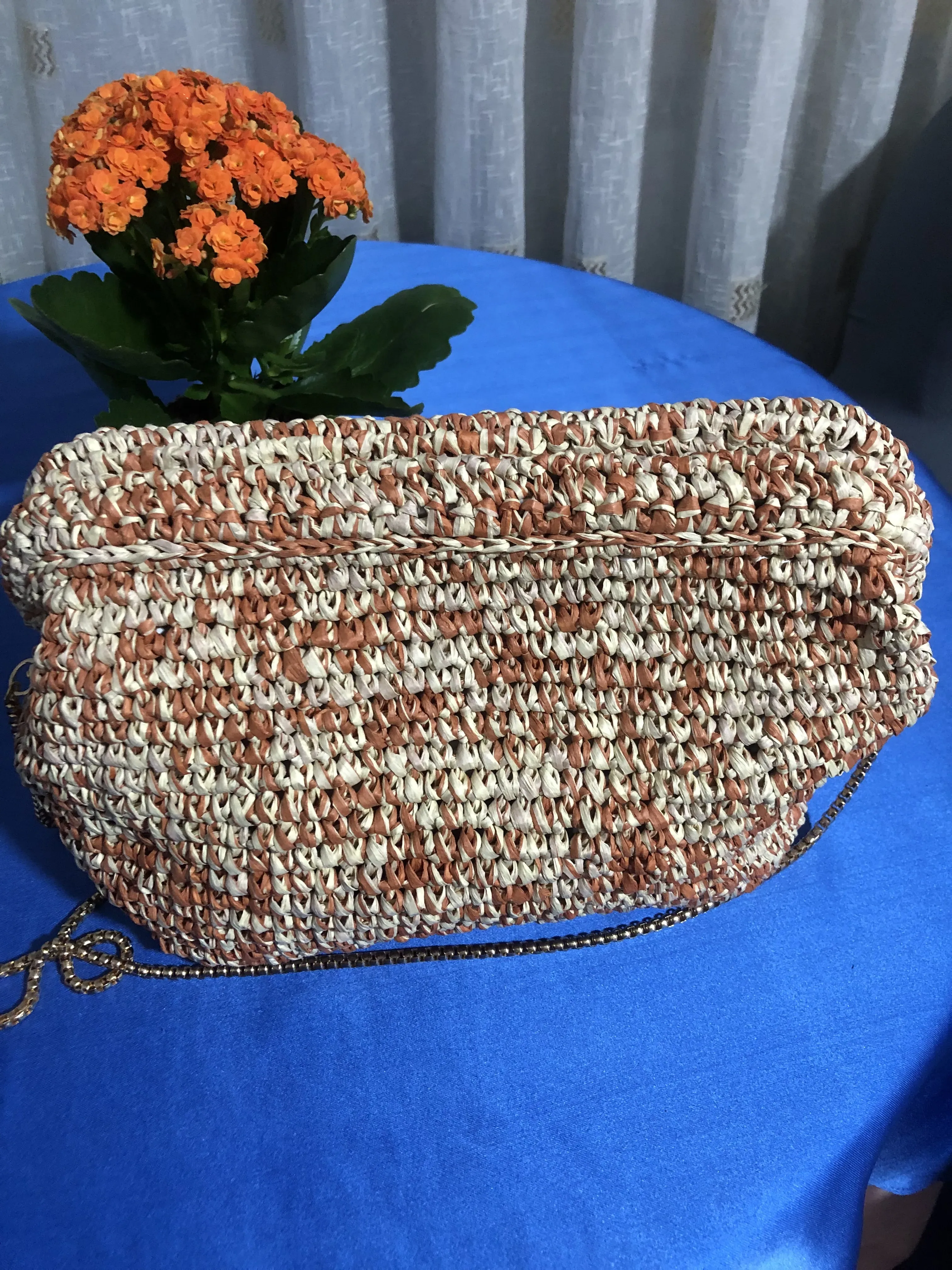 Hasır Örgü Büyük Boy Omuz Çantası - Zincir Askılı, El Yapımı