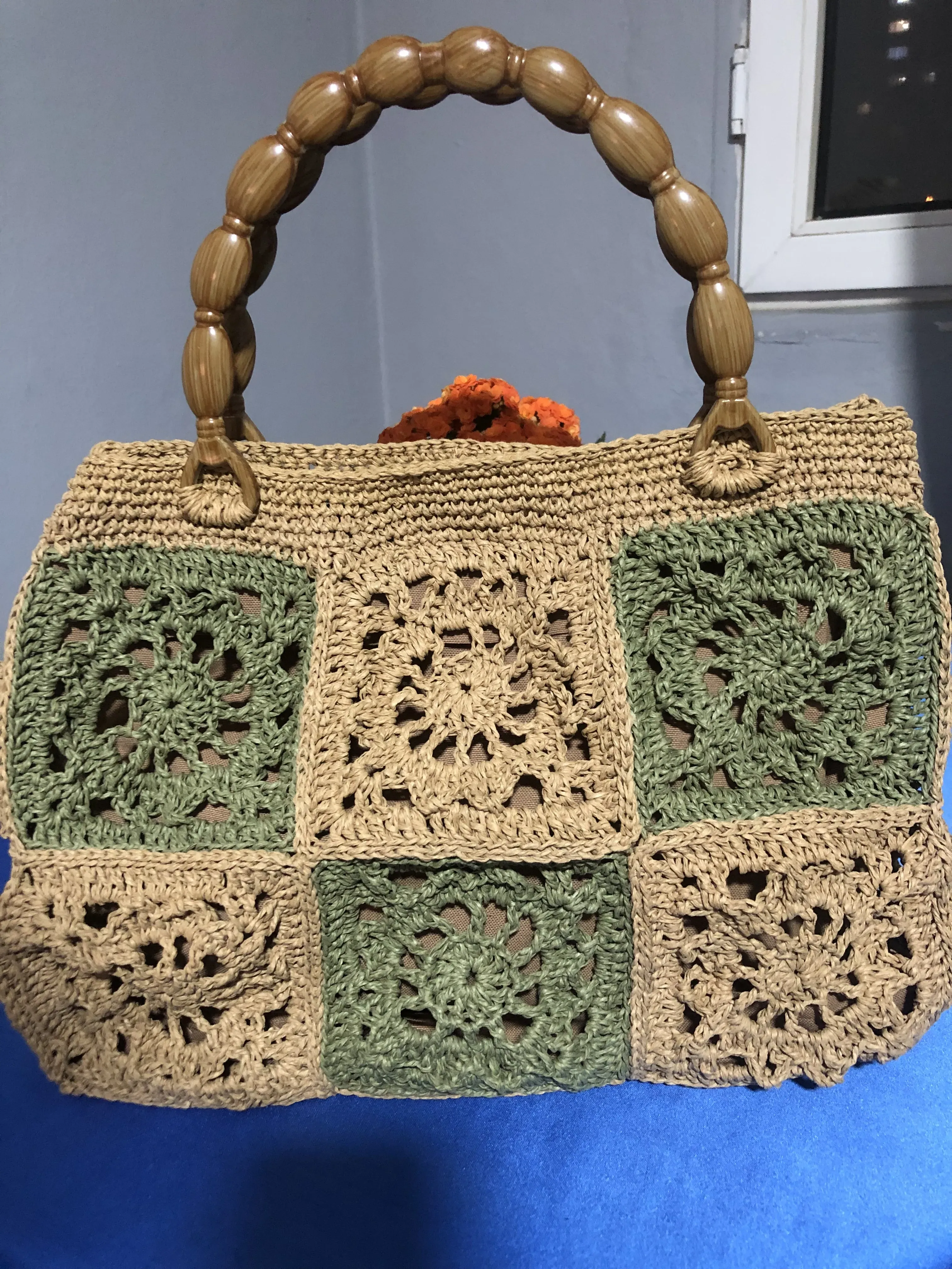 Kağıt İp Örgü Desenli Şık Kol Çantası - Ahşap Saplı