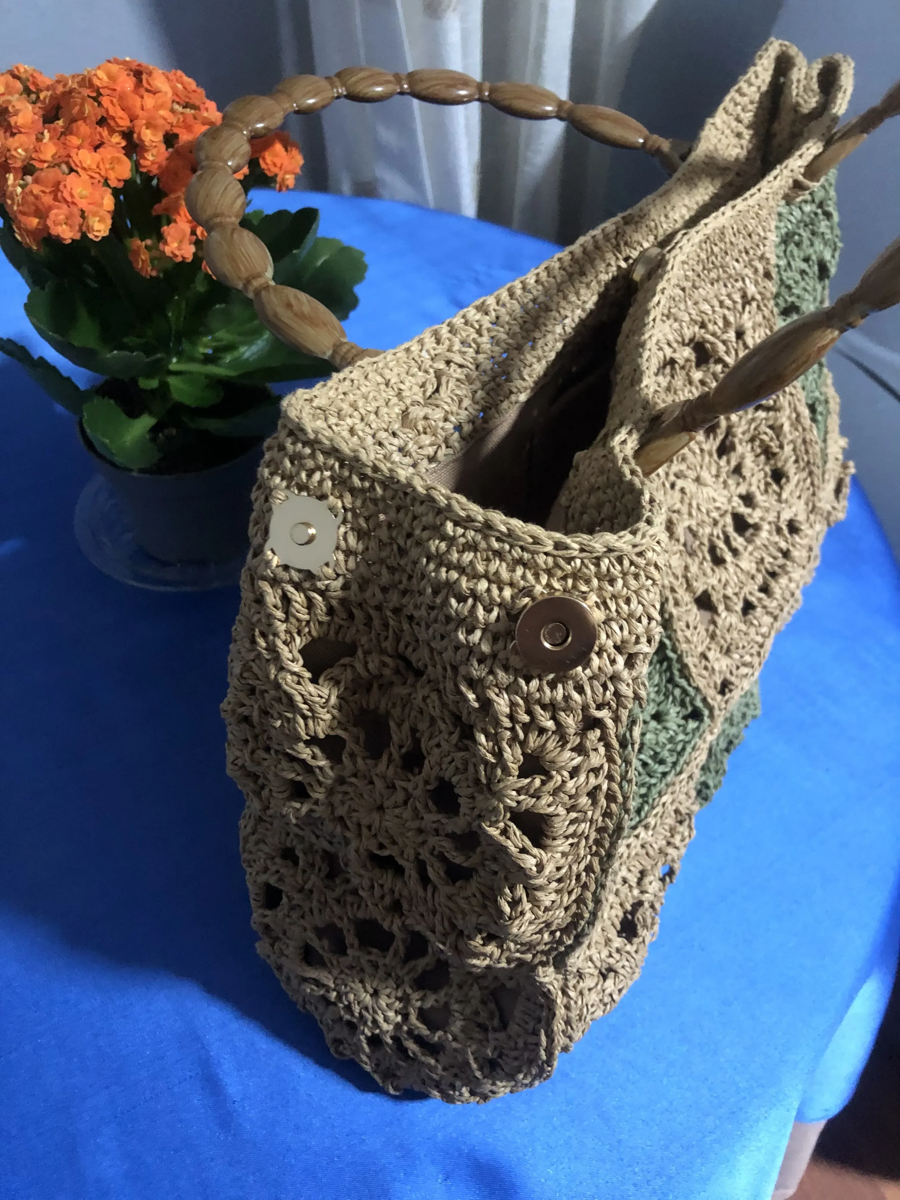 Kağıt İp Örgü Desenli Şık Kol Çantası - Ahşap Saplı